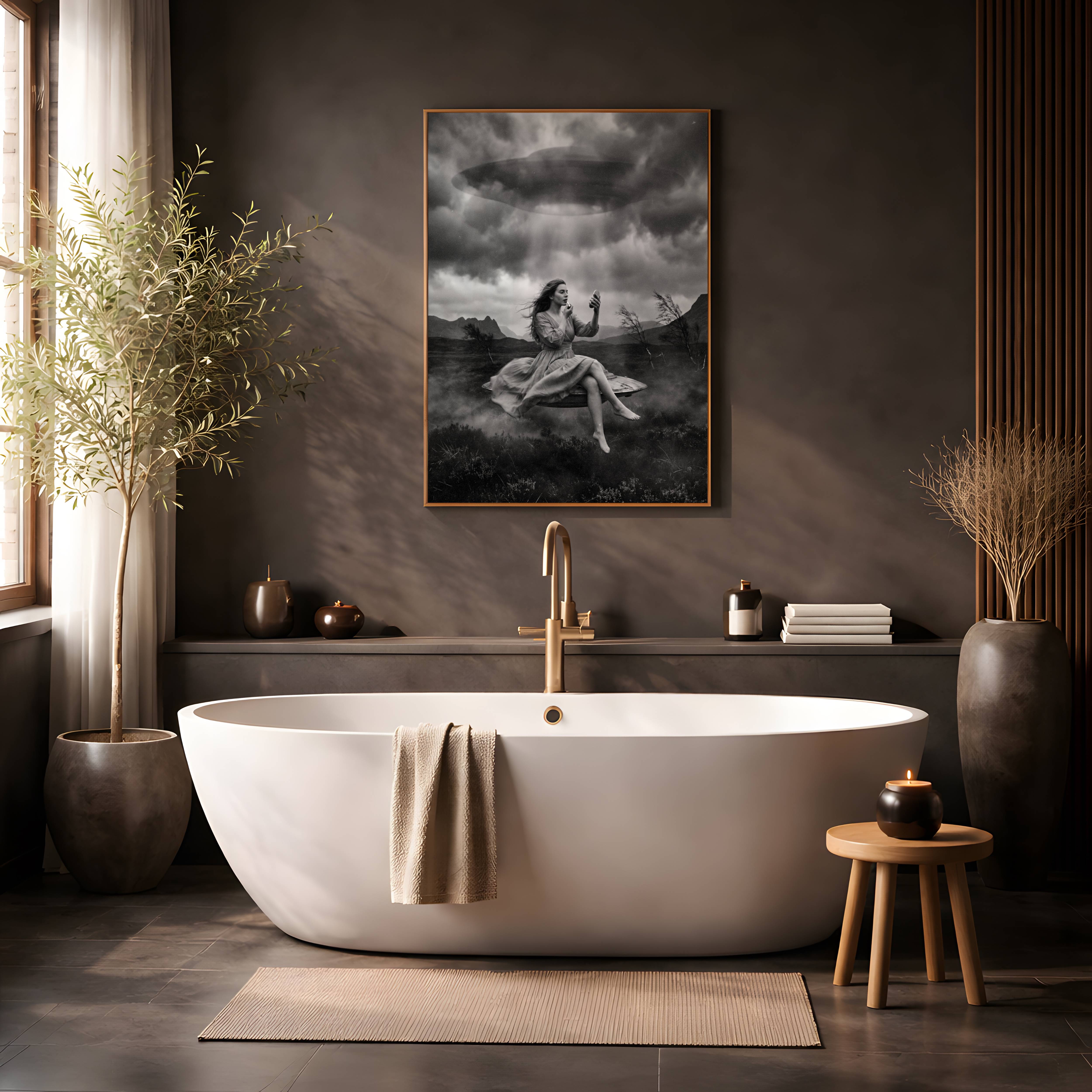 Dramatic black and white painting of a woman in a dress levitating beneath a UFO in a stormy landscape – unframed dark art poster for bathroom decor, ufoposter.com
