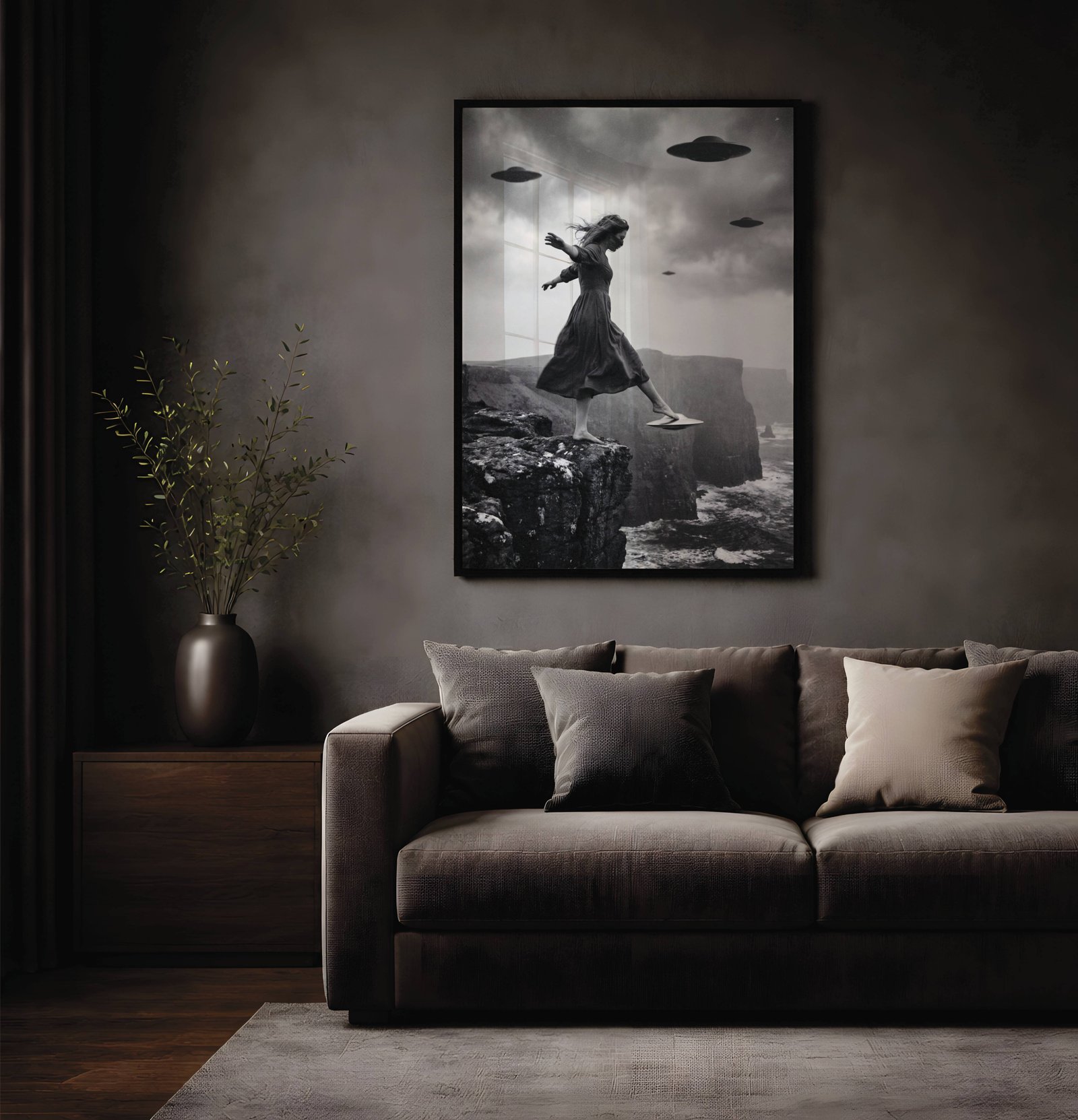 Moody noir artwork depicting a woman in a flowing dress poised at the edge of a sea cliff as several UFOs descend through heavy storm clouds – unframed dark sci-fi wall poster, ufoposter.com
