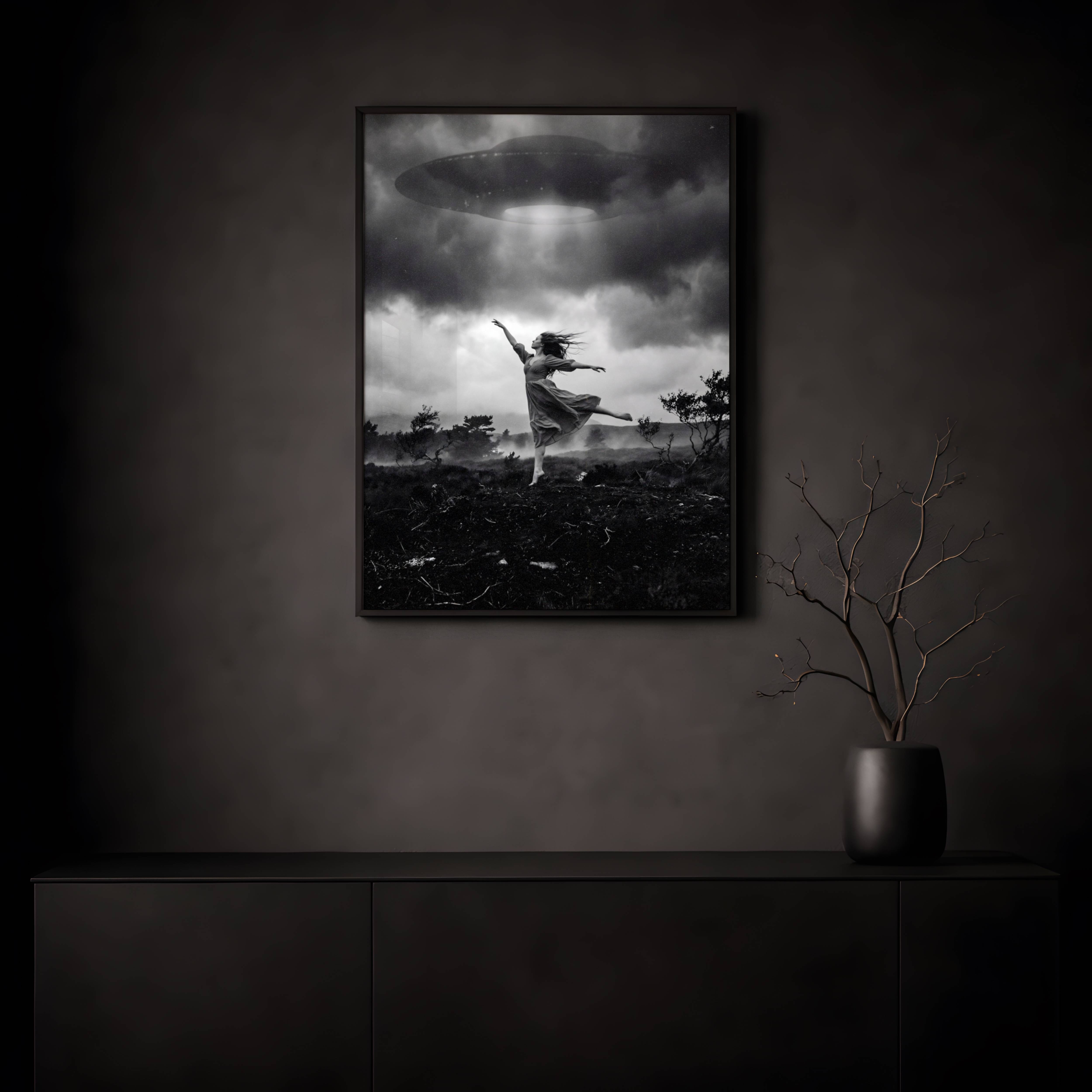 The Dance - Surreal Black and White UFO Woman Art Print - Image 7