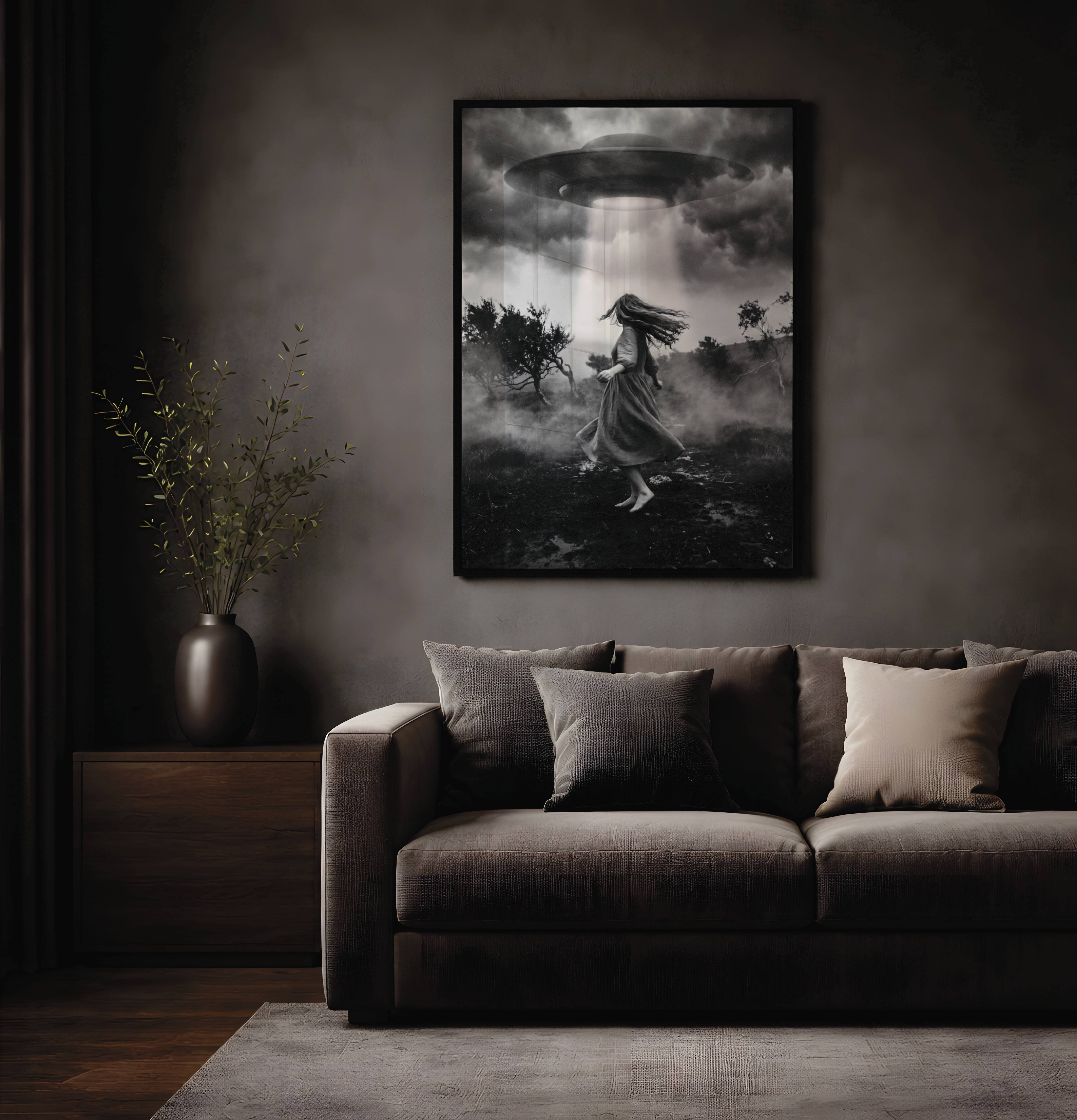 Haunting cinematic black and white painting of a woman mid-abduction in a misty landscape as a massive UFO projects a blinding beam through dark storm clouds – unframed dark sci-fi art poster, ufoposter.com