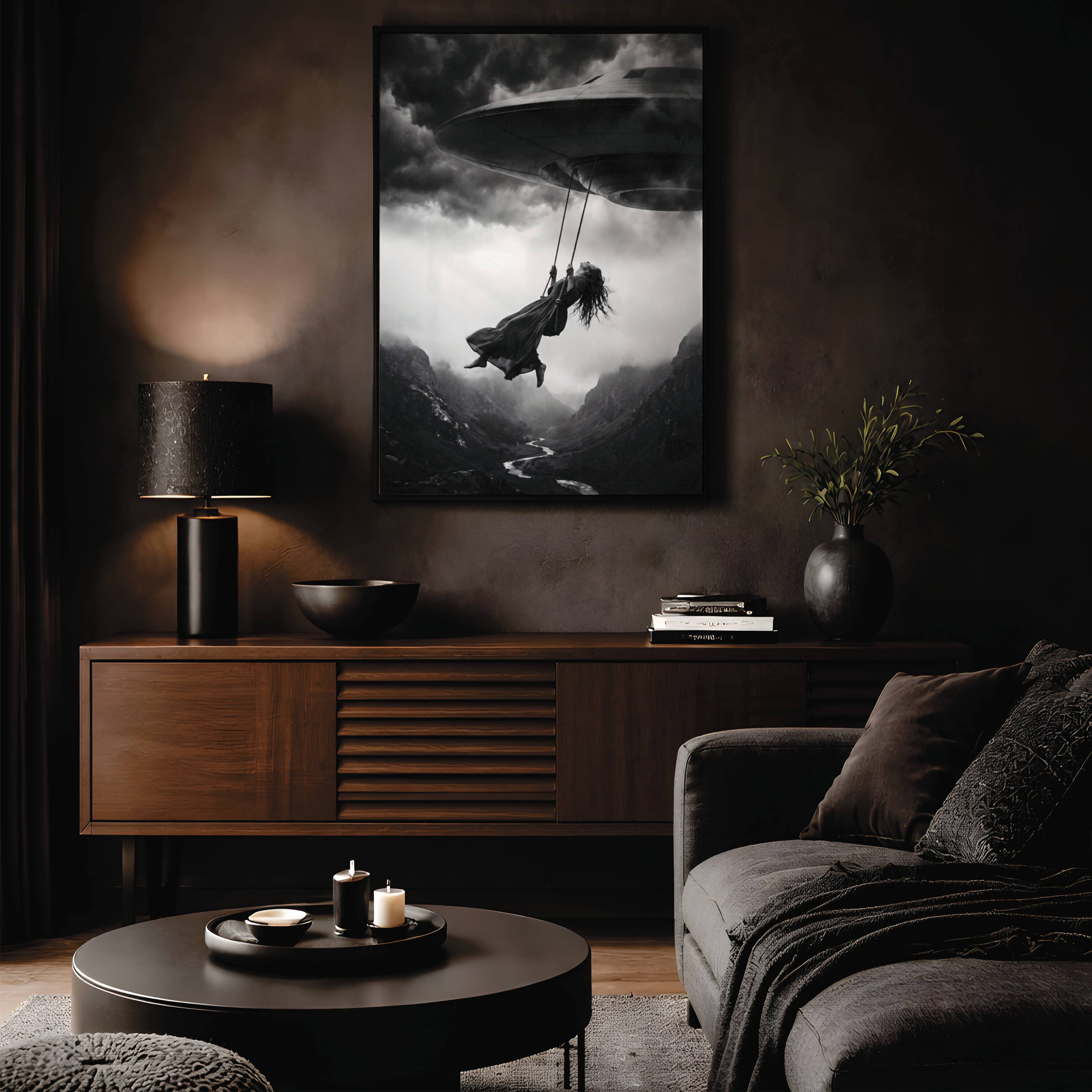 Dramatic black and white artwork of a woman in a flowing dress swinging from a massive UFO over a misty mountain valley – unframed dark wall art poster for living room decor, ufoposter.com
