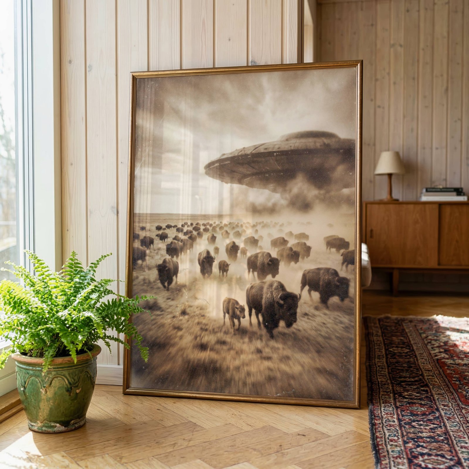 Sepia-toned fine art print styled as an aged archival photograph, showing hundreds of bison charging across an open dusty prairie as a massive UFO looms through swirling smoke and storm clouds above, propped against a wall in a lifestyle floor display to showcase the premium matte paper quality, weathered vintage texture and rich warm tones of this surreal Western sci-fi art poster.