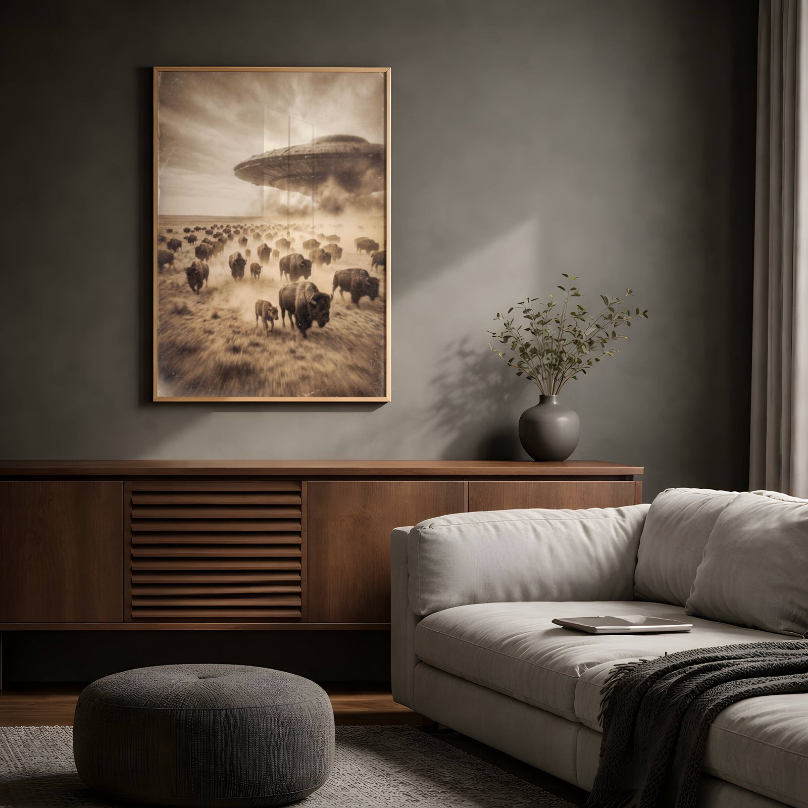 Dramatic sepia-toned artwork of a massive bison herd stampeding across dusty plains beneath a giant UFO emerging from storm clouds – unframed dark alien wall poster, ufoposter.com