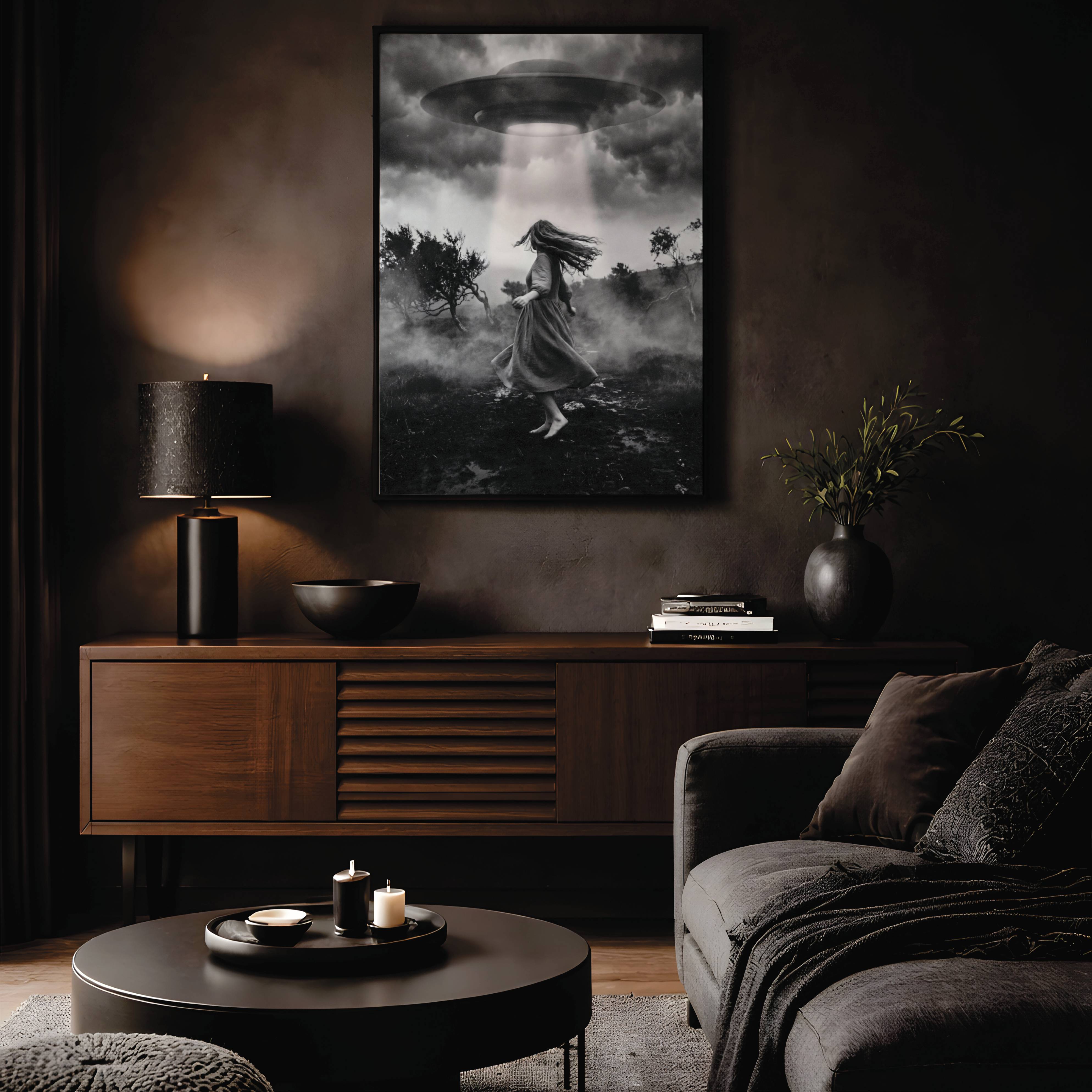 Dramatic black and white artwork of a barefoot woman in a dress being lifted by a UFO beam in a foggy wilderness beneath stormy clouds – unframed dark alien wall poster, ufoposter.com