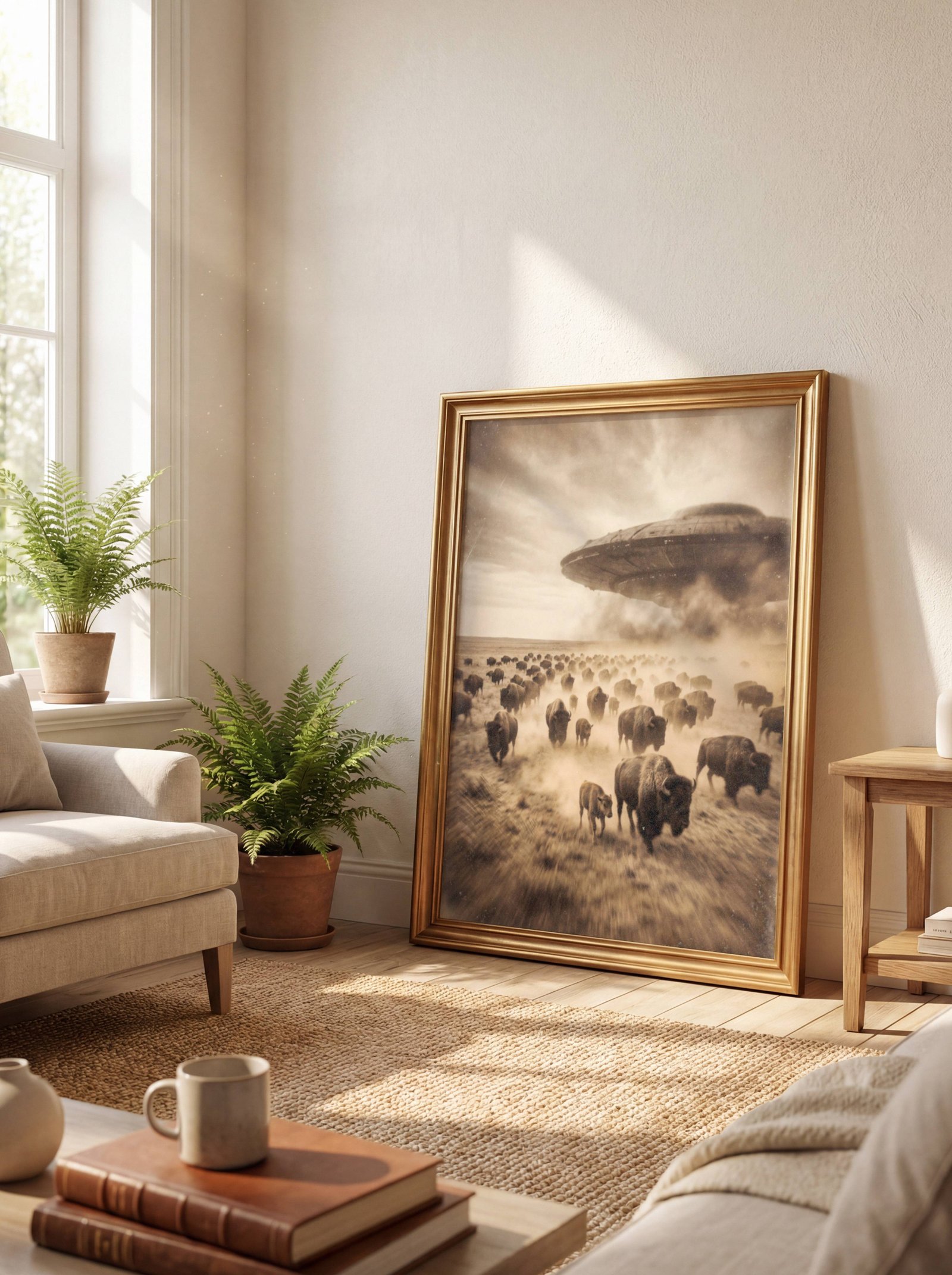 Sepia-toned vintage style fine art print of a vast bison herd stampeding across a dusty American prairie beneath a massive UFO in a stormy sky, leaning against a wall in a lifestyle flat lay setting, shown unframed to highlight the premium matte paper quality, aged texture and warm cinematic tones of this surreal Western art poster.
