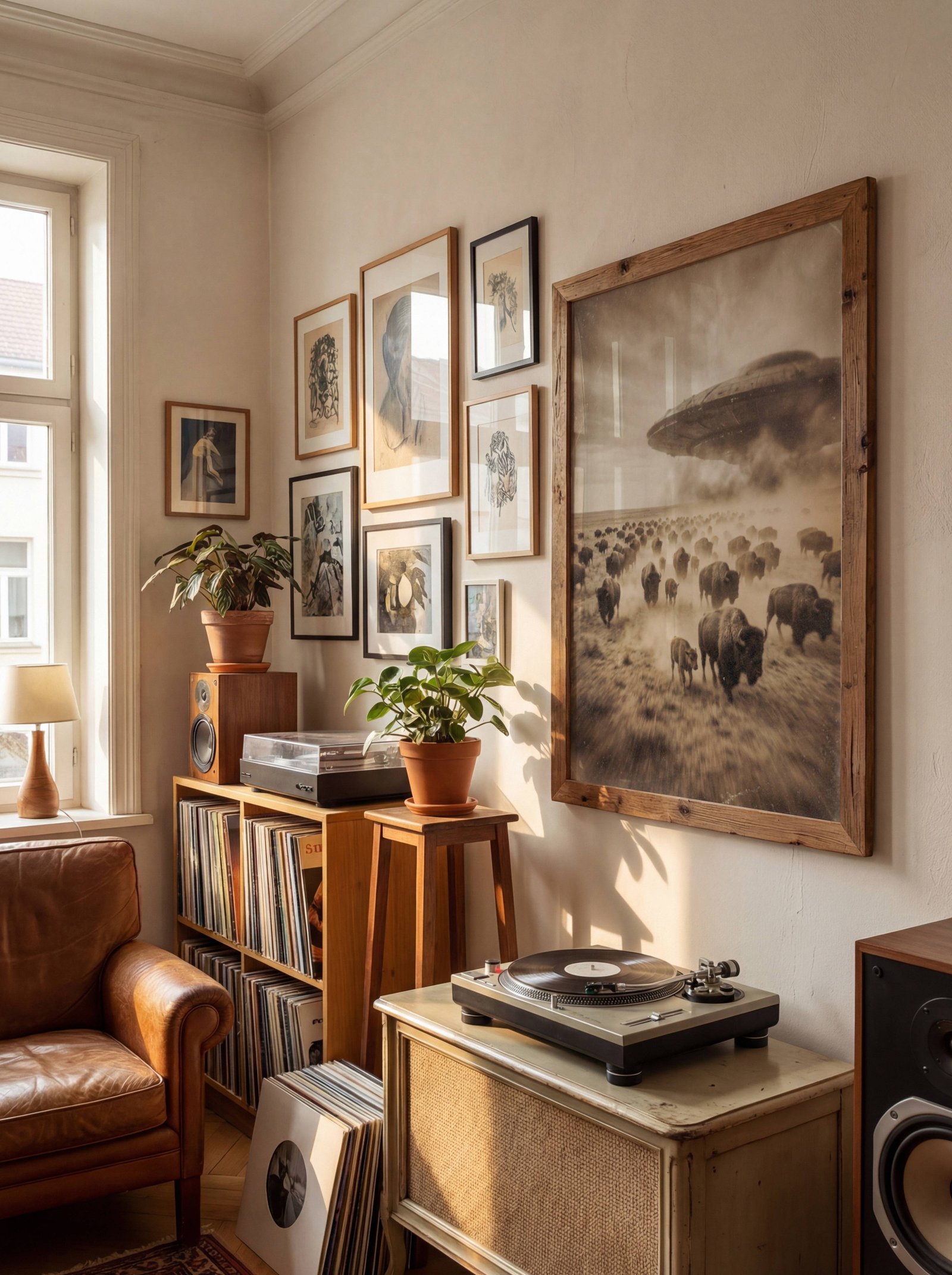 Sepia-toned vintage style fine art print of a vast bison herd stampeding across a dusty American prairie beneath a massive low-flying UFO in a stormy sky, displayed on a living room wall, bringing dramatic atmosphere and cinematic fine art energy to a modern interior.