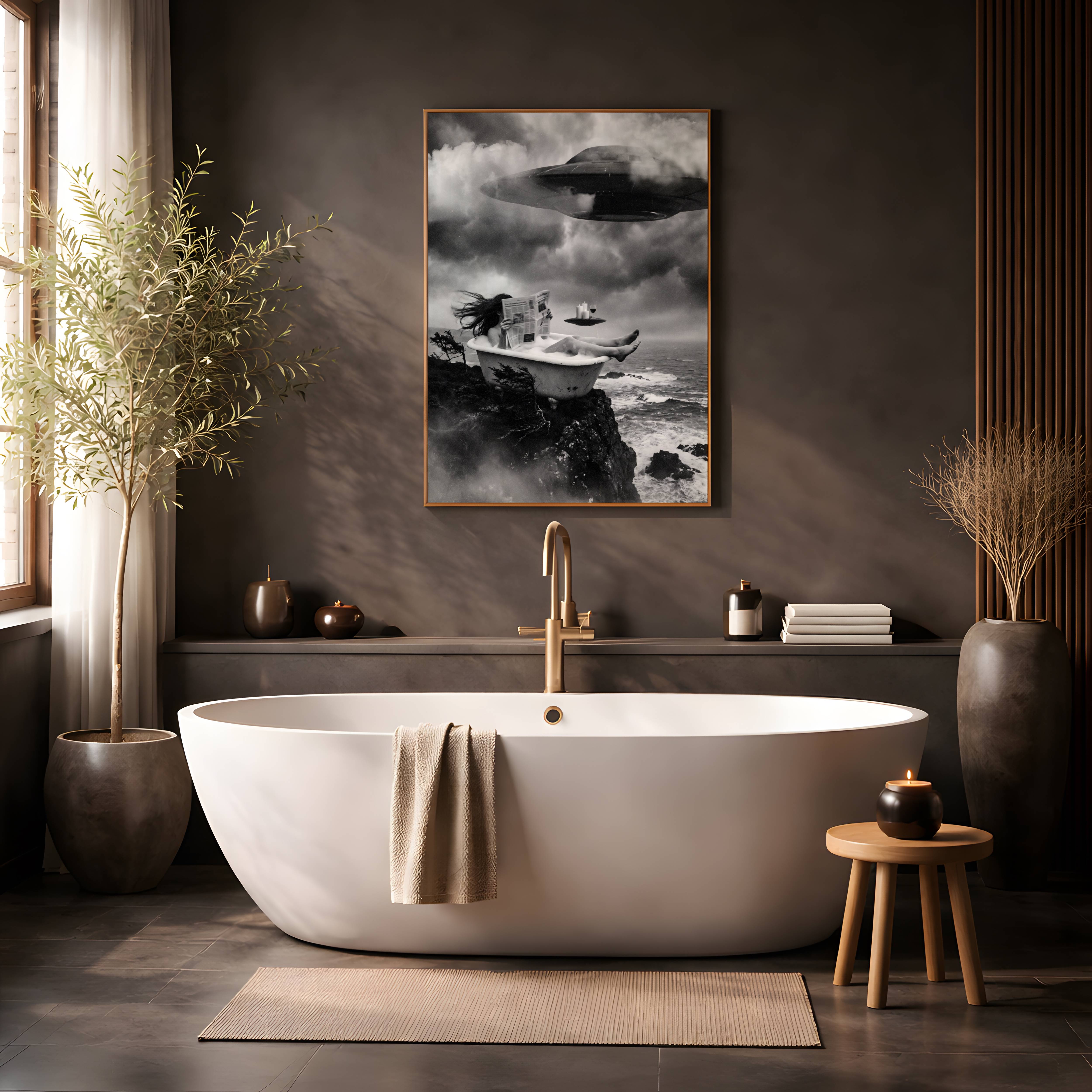 Surreal black and white artwork of a woman relaxing in a cliffside bathtub reading a newspaper with a UFO hovering above in stormy skies – unframed dark art poster for bathroom decor, ufoposter.com