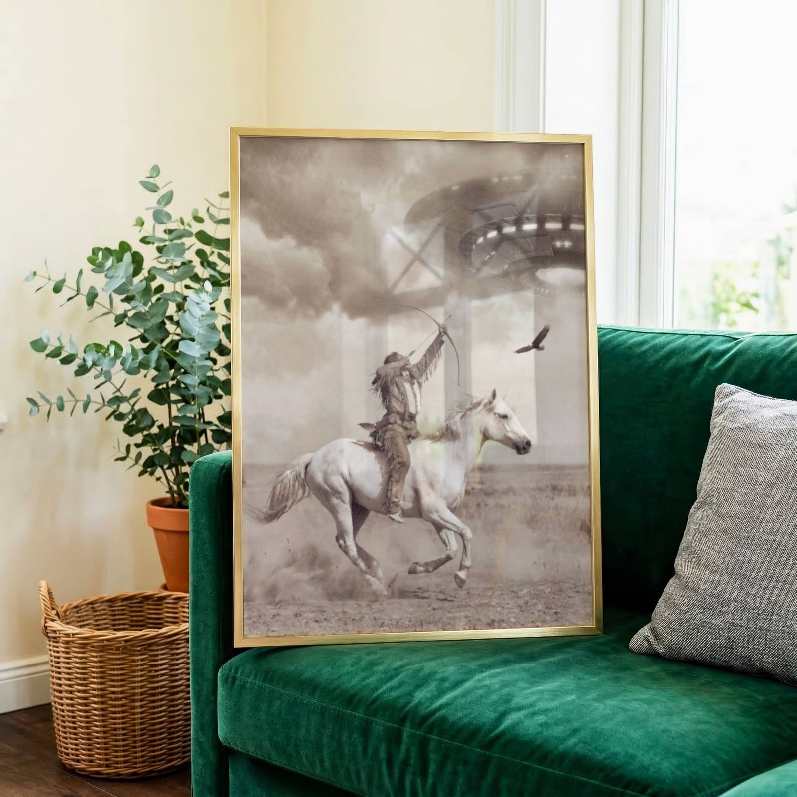 Sepia-toned fine art print styled as a nineteenth century archival photograph, showing a Native American warrior on a rearing white horse aiming a bow toward a massive illuminated UFO descending through storm clouds above a dusty open prairie, with an eagle in flight nearby, displayed in a study or home library, adding visual drama and surreal historical tension to an intellectual interior.