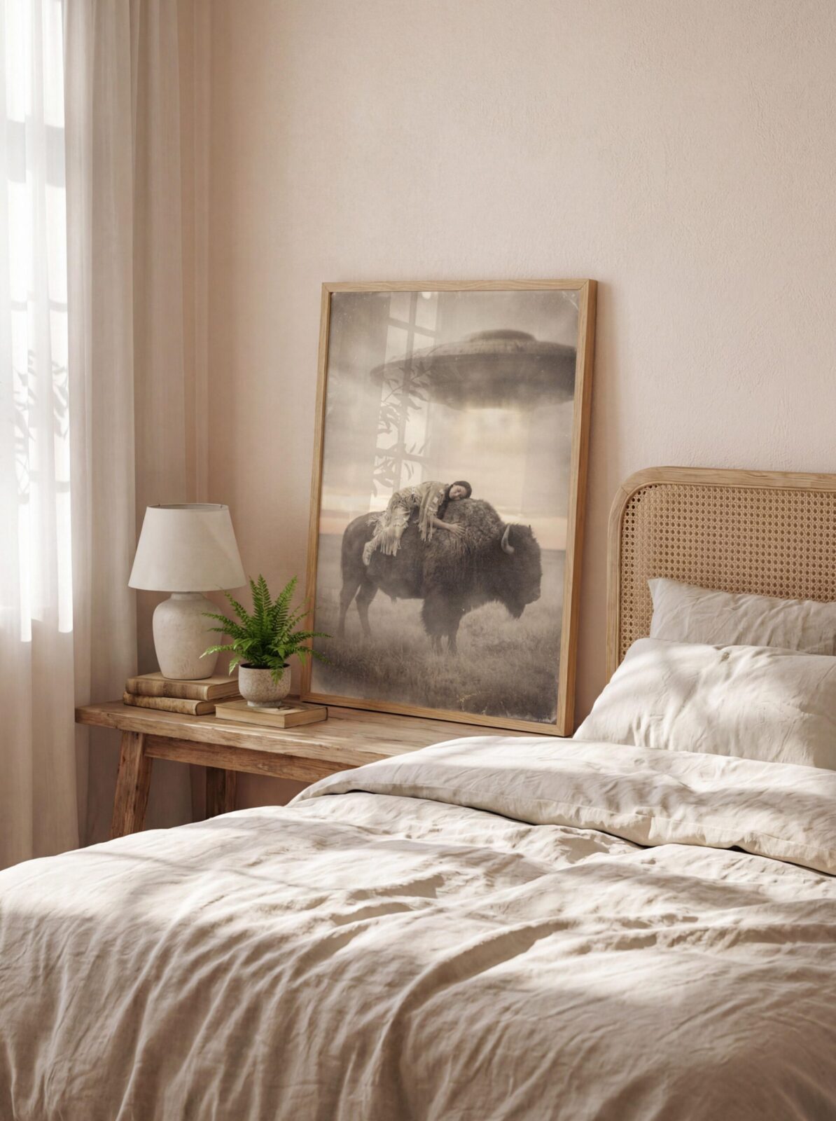sleeping woman on bison with UFO, boho wall decor