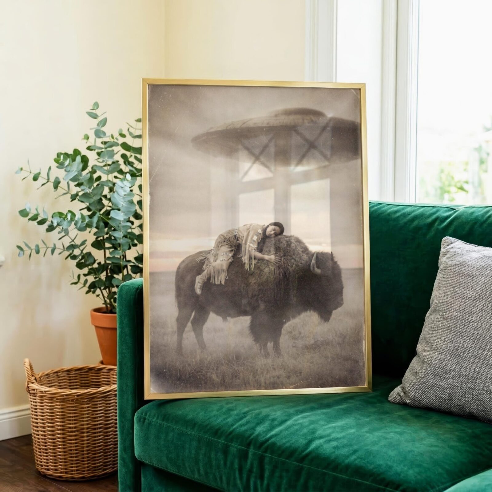 UFO hovering above woman lying on bison in misty open plains