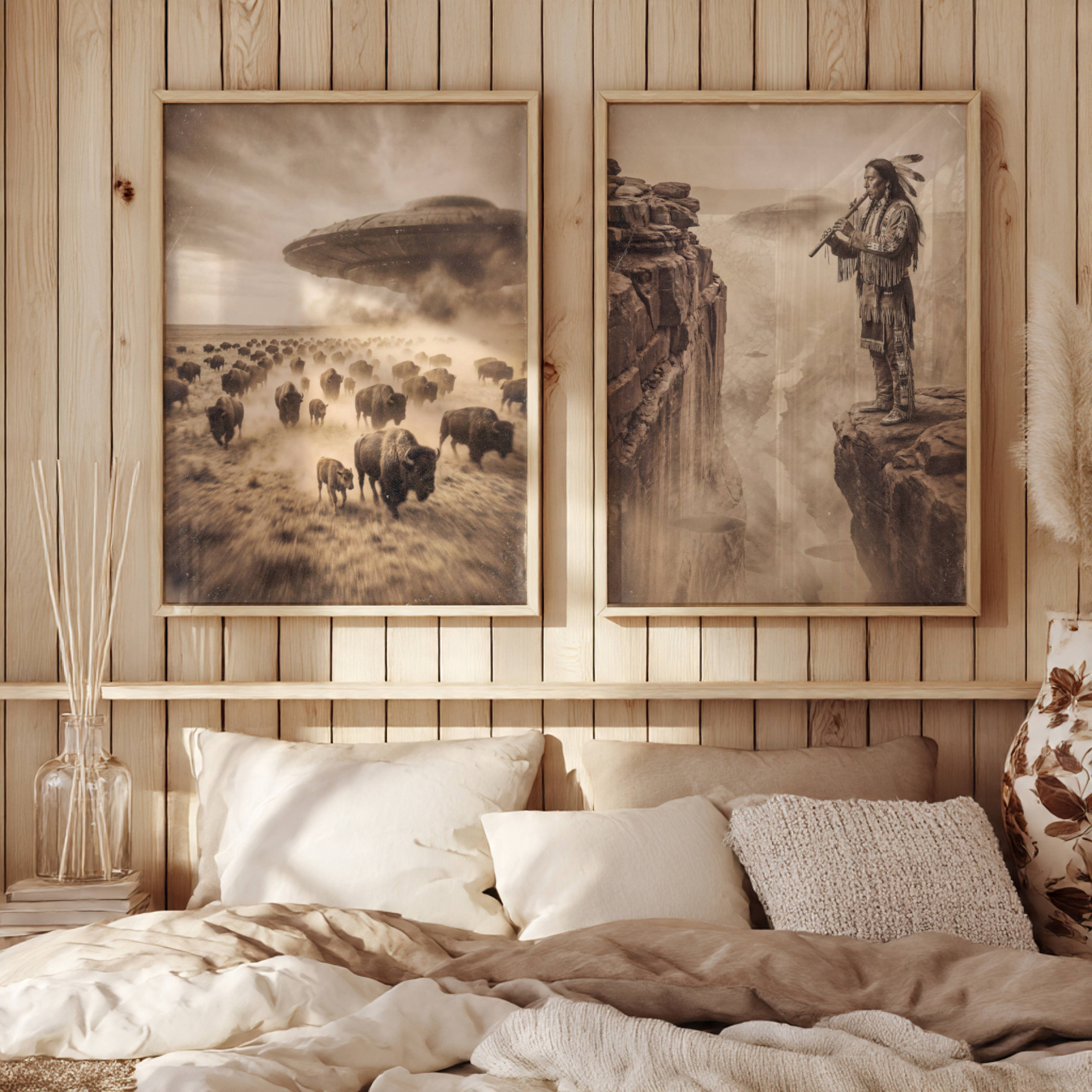 Two unframed fine art prints from the UFO cinematic art series displayed side by side on a bedroom wall, creating an atmospheric and cohesive gallery pairing. The monochrome and sepia-toned posters bring surreal storytelling and dramatic cinematic tension to the sleeping space, demonstrating how prints from the series work together to create a striking and unified fine art display.