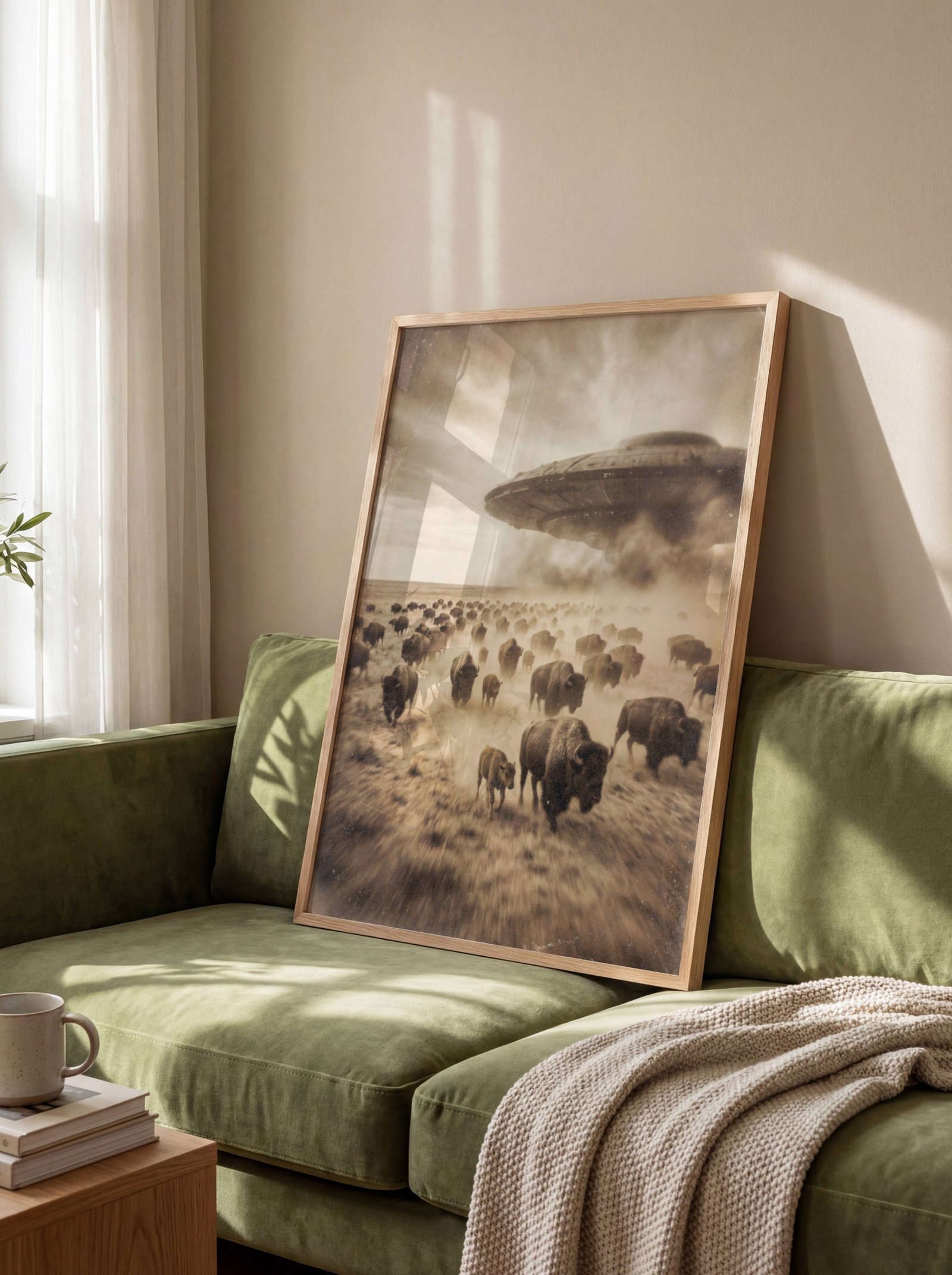 Sepia-toned fine art print styled as a nineteenth century archival photograph, showing a vast stampeding bison herd raising clouds of dust across an open American prairie as a massive UFO descends through smoke and storm clouds above, displayed in a study or home library, adding visual drama and surreal historical tension to an intellectual interior.