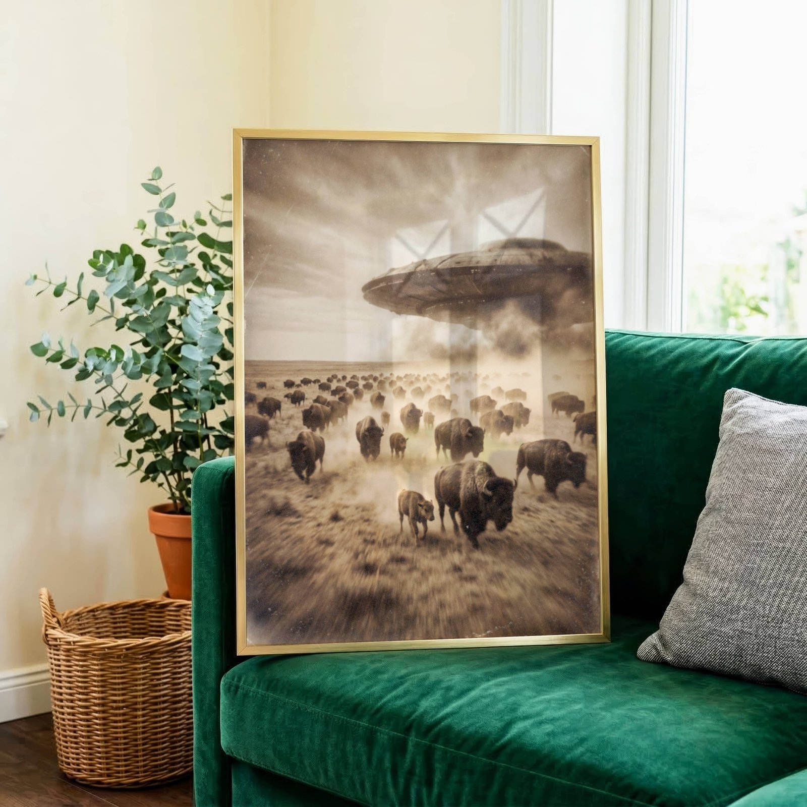 Sepia-toned fine art print styled as a nineteenth century archival photograph, showing a vast stampeding bison herd raising clouds of dust across an open American prairie as a massive UFO descends through smoke and storm clouds above, displayed in a study or home library, adding visual drama and surreal historical tension to an intellectual interior.
