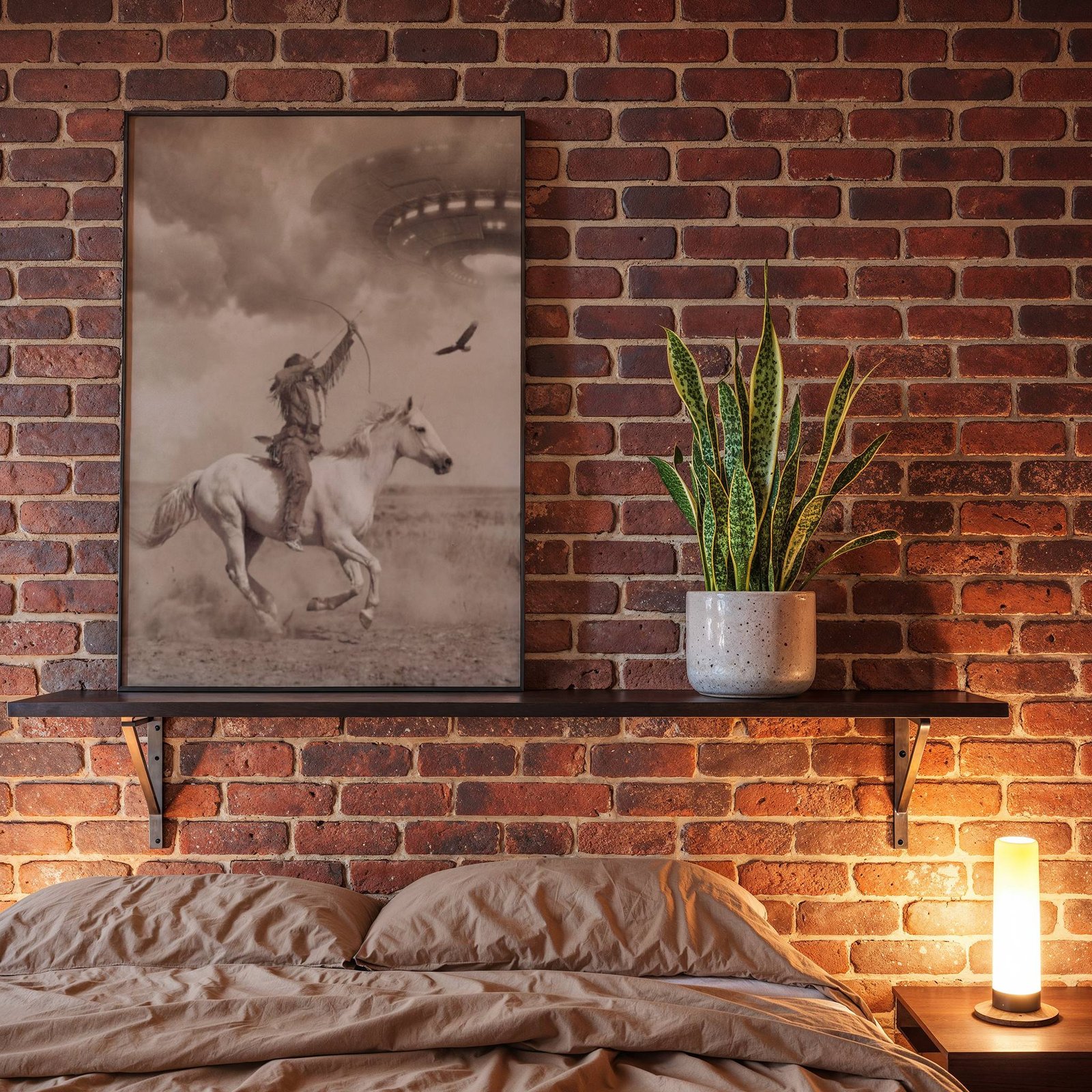 Sepia-toned fine art poster styled as an aged archival photograph, showing a Native American warrior on horseback with bow drawn toward a large illuminated UFO hovering through storm clouds above a dusty prairie, with an eagle in flight beside him, displayed in a bedroom as a striking and atmospheric piece of wall decoration.