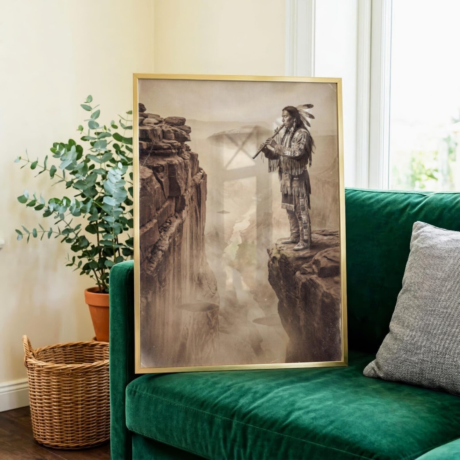 native American UFO art print — sepia flute player on cliff with massive UFO in misty canyon