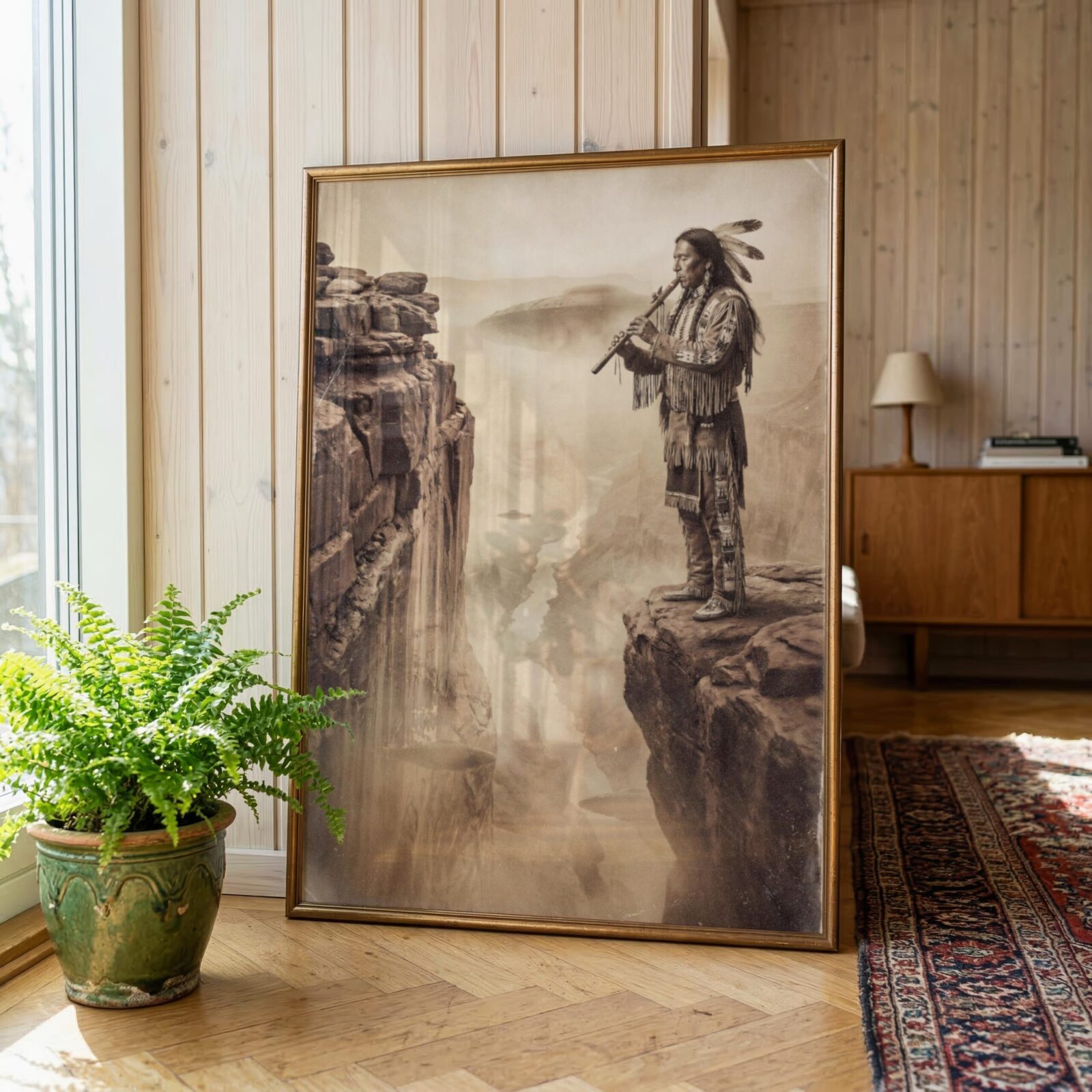 Ancient encounter art print — sepia cinematic flute player on cliff edge with flying saucer in fog