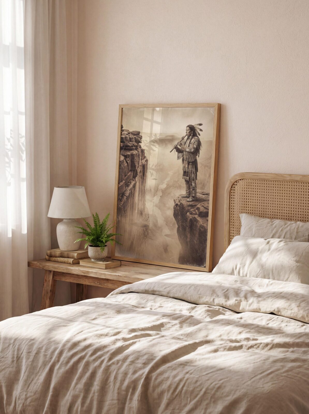 UFO wall art — vintage style warrior playing flute on dramatic cliff with massive UFO in fog below