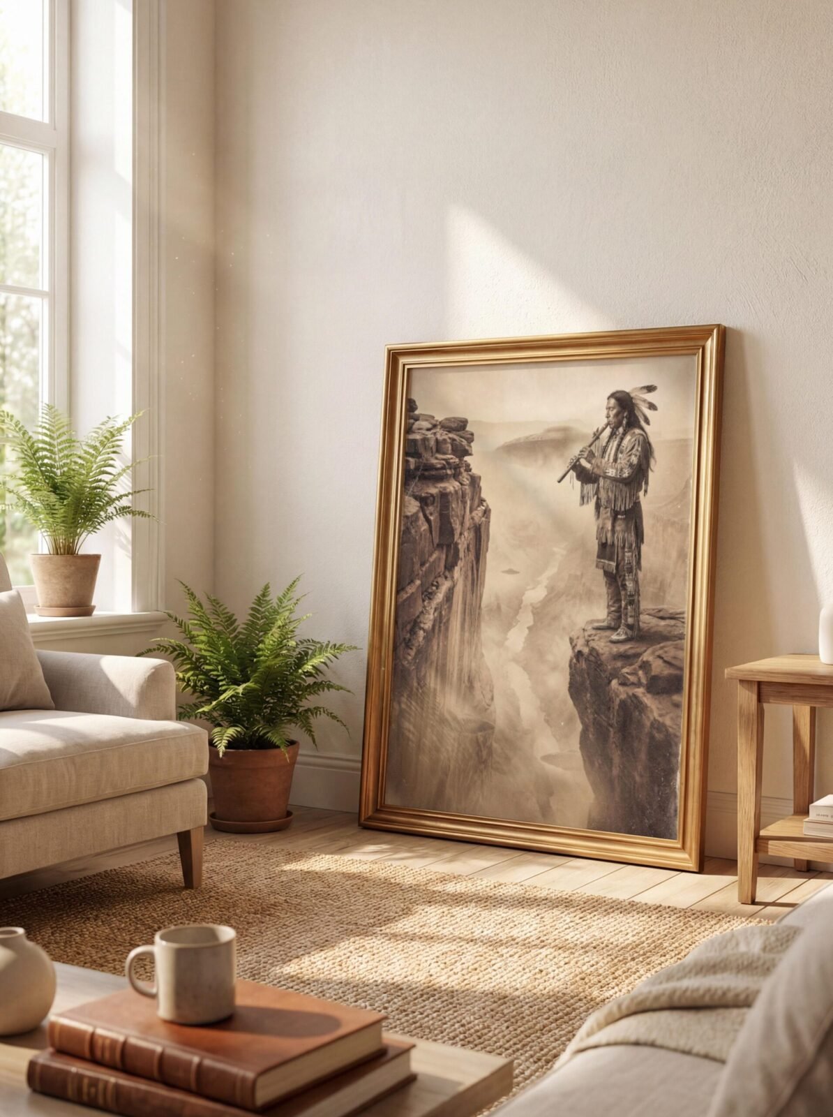 Sepia surreal art print — Native American flute player in full regalia on cliff with flying saucer above