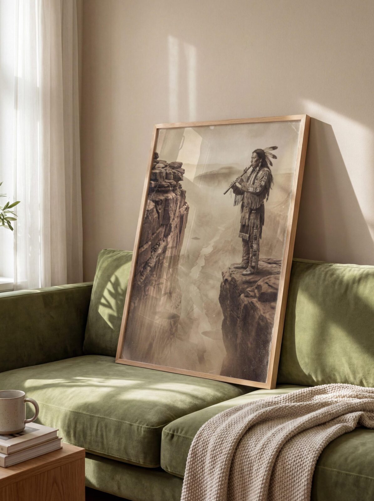 Native American UFO art print — sepia warrior playing flute on cliff edge with UFO in misty canyon
