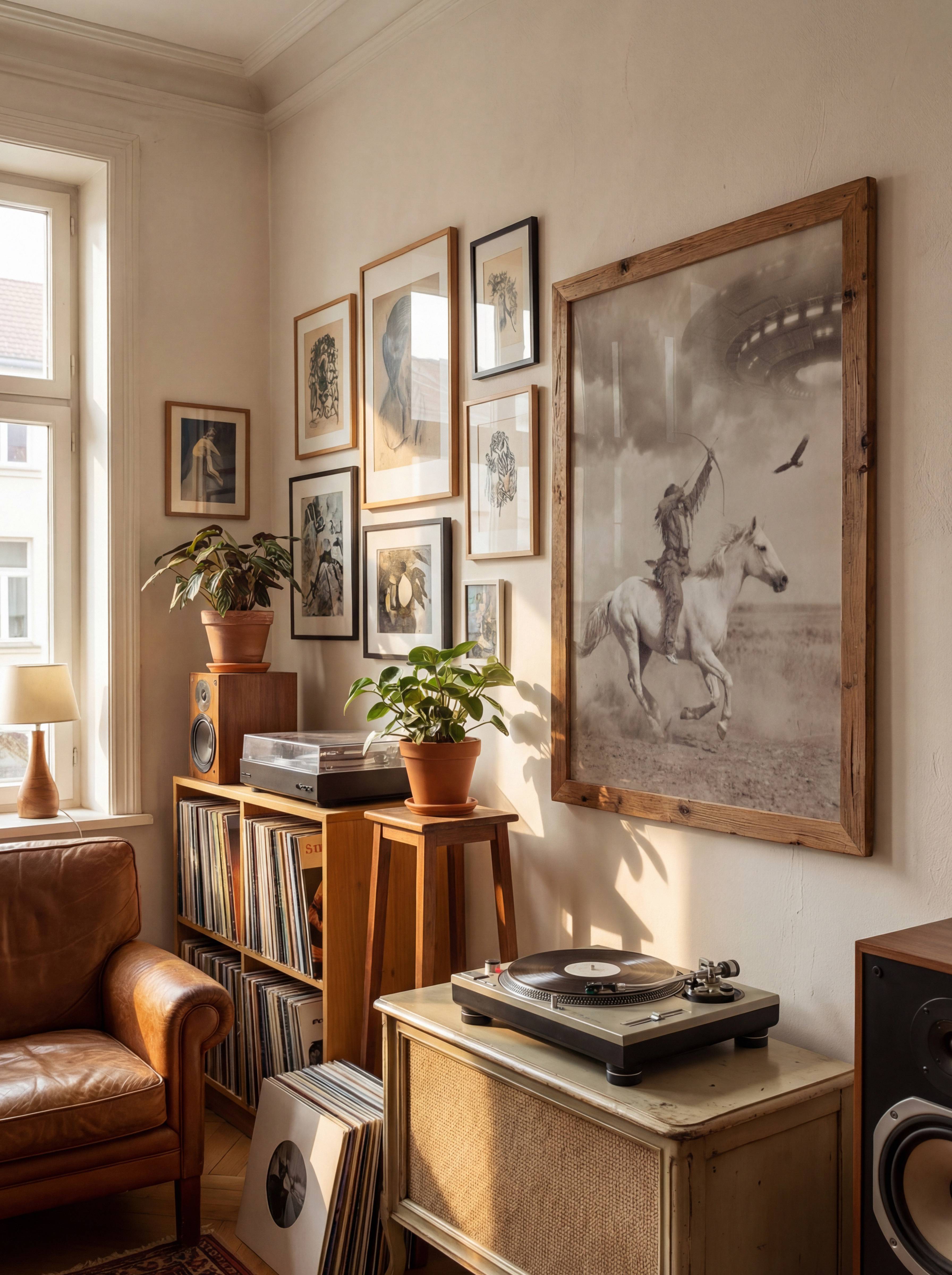 Sepia-toned vintage style fine art print of a Native American warrior on a galloping white horse drawing a bow toward a massive glowing UFO in a dramatic stormy sky, displayed on a living room wall, bringing cinematic drama and fine art energy to a modern interior.