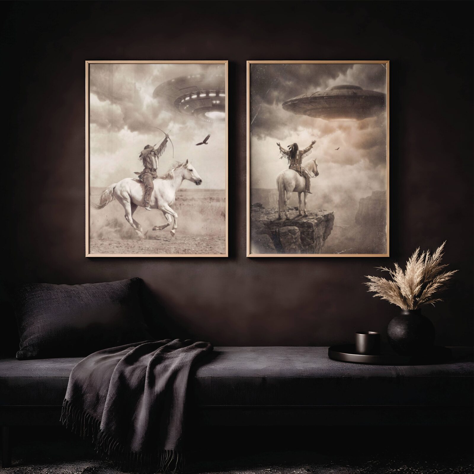 Atmospheric sepia artwork set blending Native American horsemanship with UFO encounters – a charging warrior firing at a spacecraft and a solitary rider on a clifftop with arms raised to the sky – unframed dark art poster set, ufoposter.com