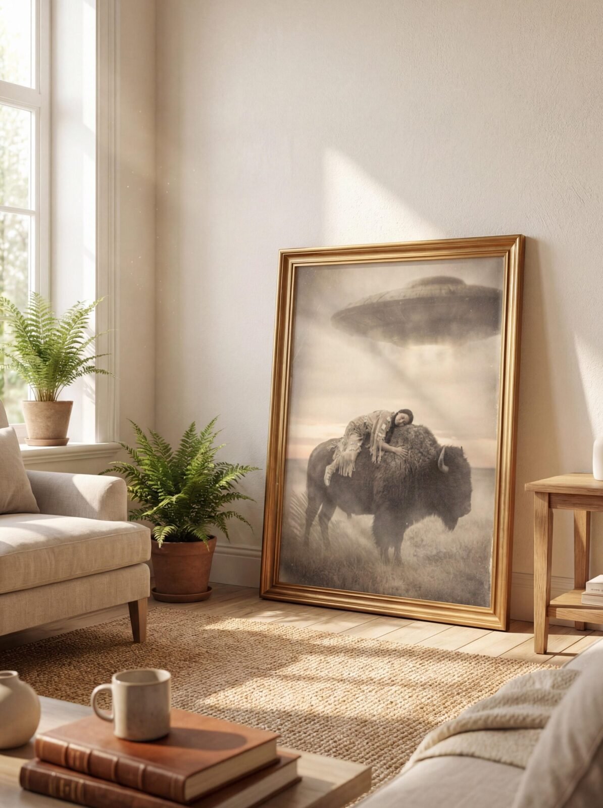 native American UFO art print — sepia woman sleeping on bison with massive UFO above plains