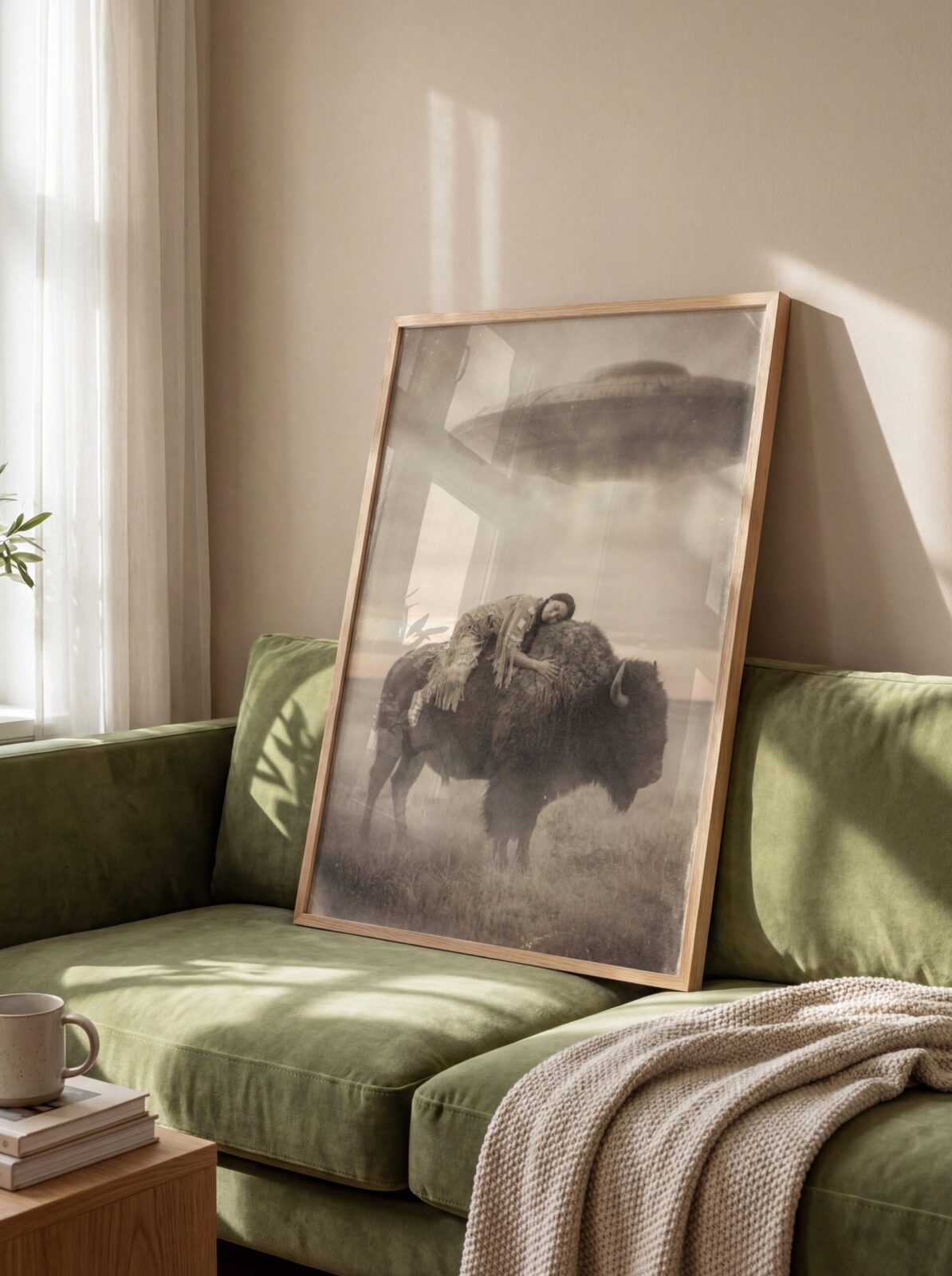 Ancient encounter art print — sepia cinematic Native American woman on bison with UFO in foggy sky