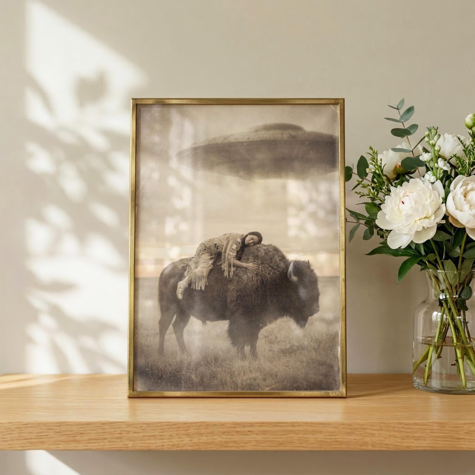 Surreal western art print — sleeping woman draped over bison in misty plains with UFO hovering above