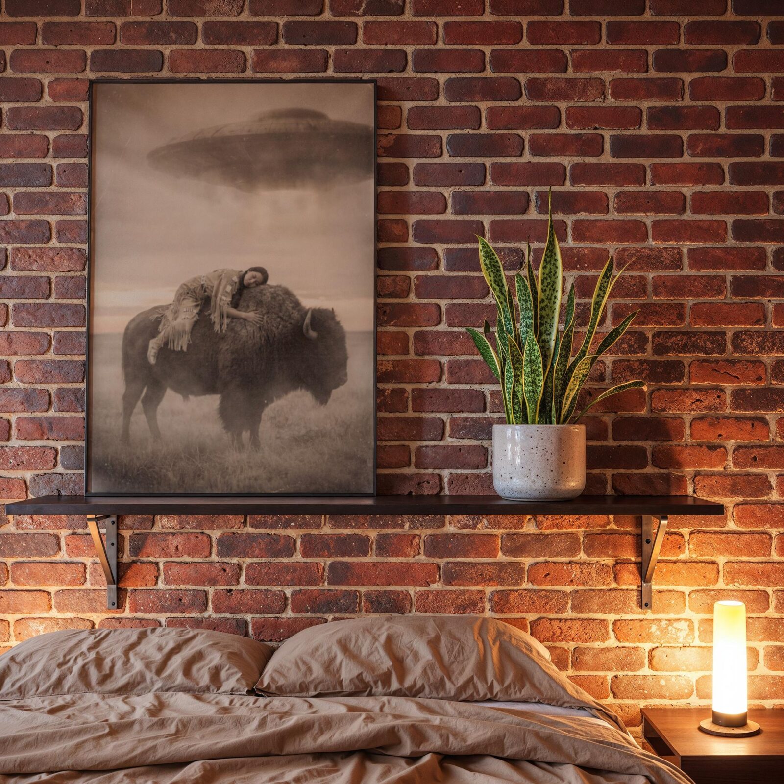 Sepia surreal art print — woman in traditional dress lying on bison with massive UFO on horizon