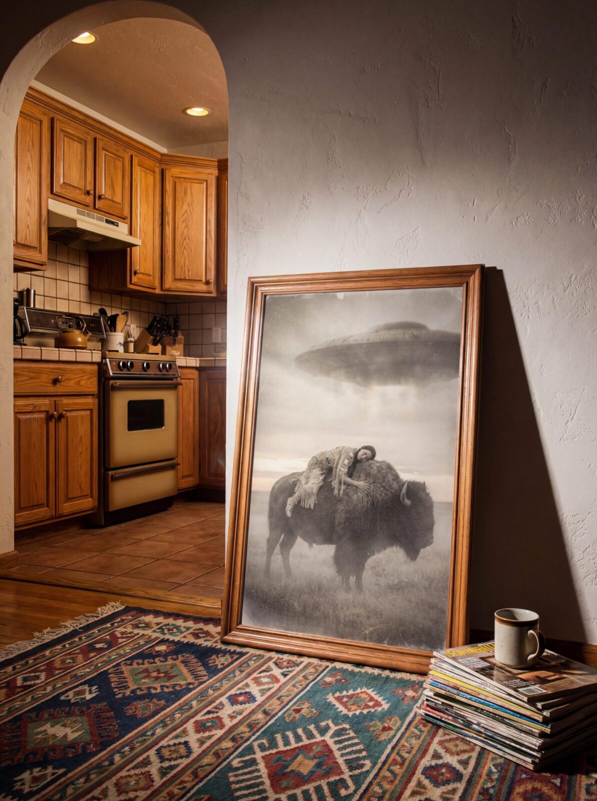 Native American UFO art print — sepia vintage style woman sleeping on bison with UFO above plains
