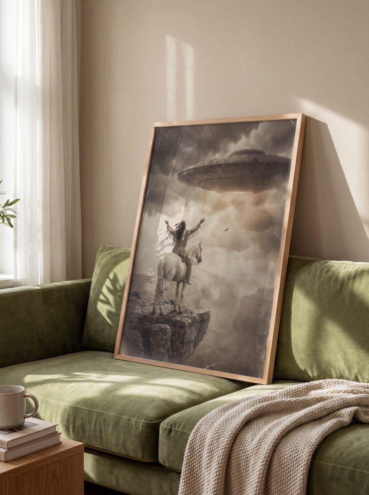 Native American warrior on cliff with white horse and UFO in clouds