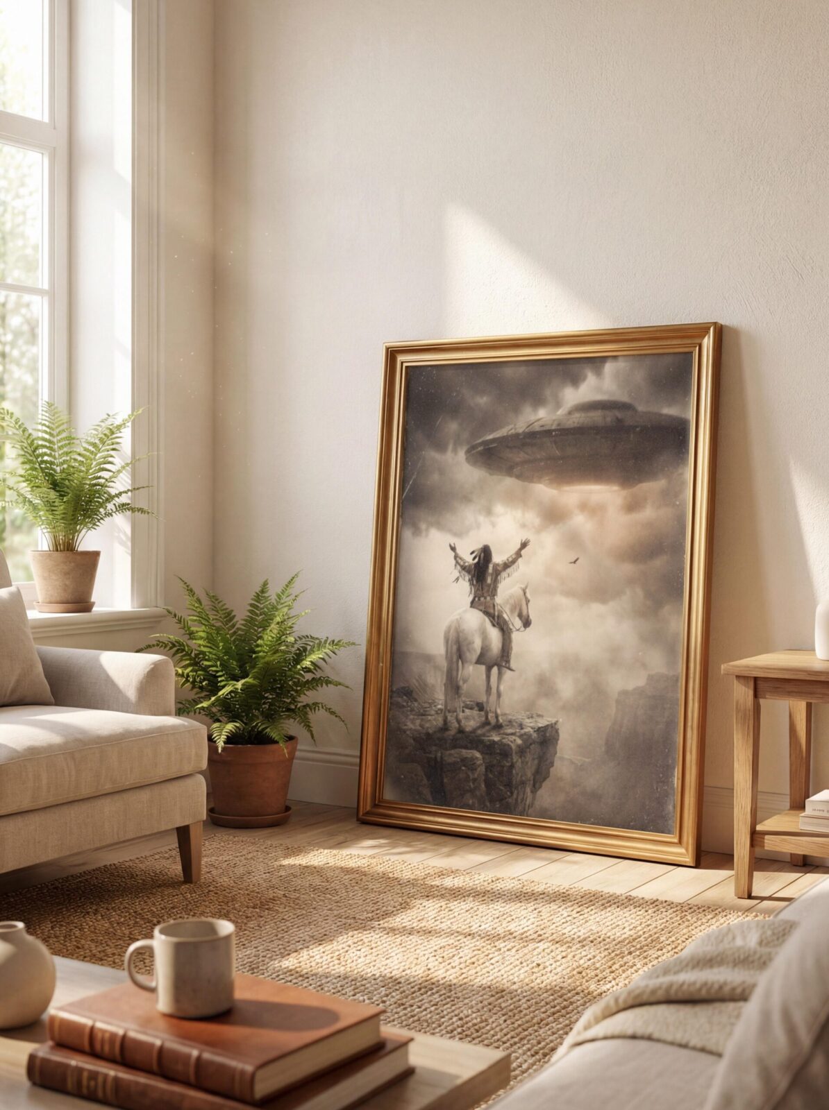 surreal art print — vintage style warrior on horseback facing massive flying saucer above