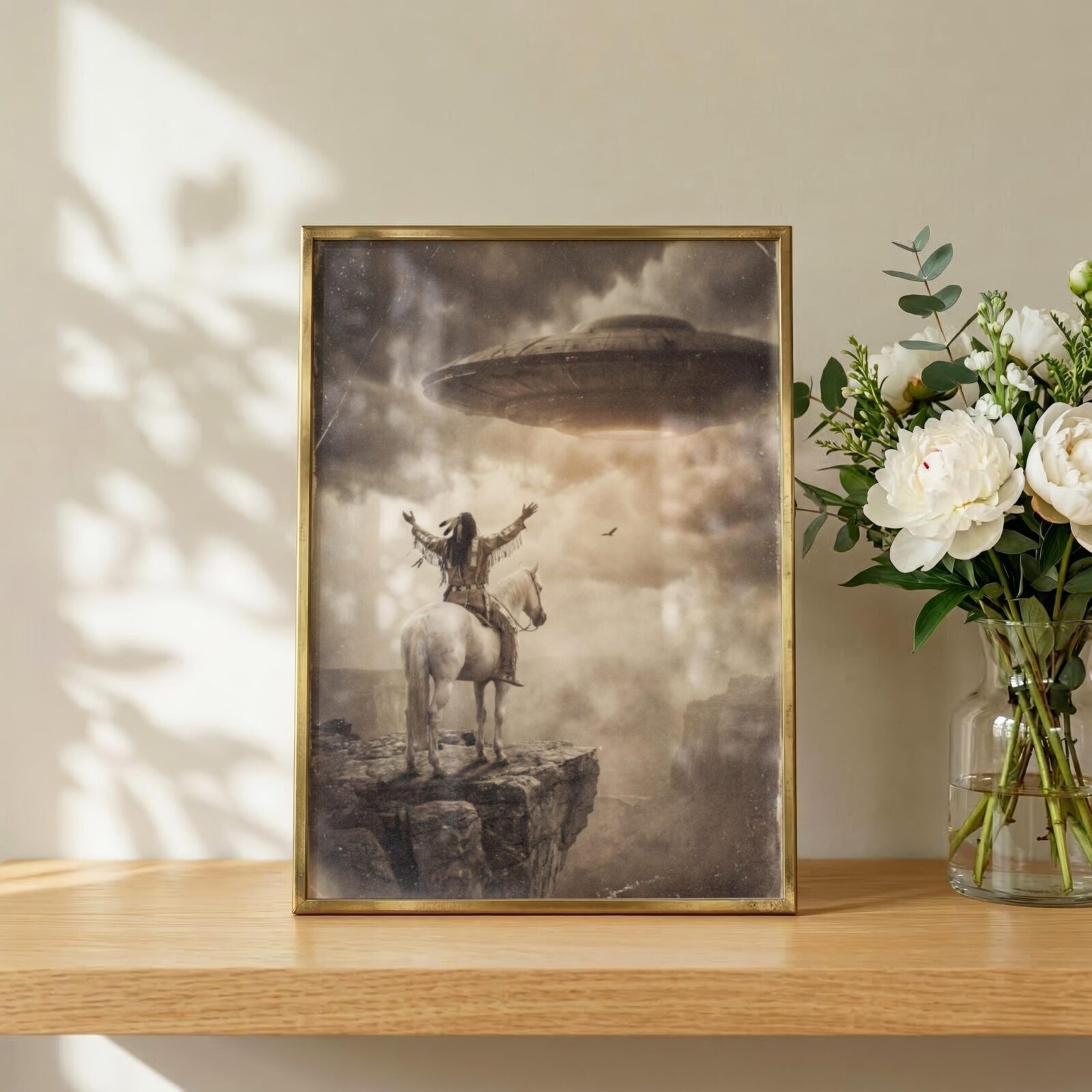 Surreal western art print — lone warrior on horseback at cliff edge with massive UFO in stormy sky