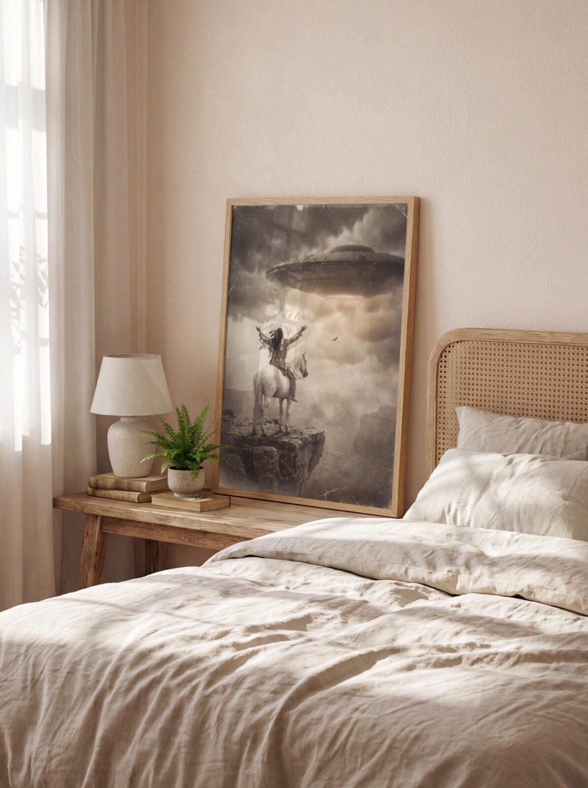 UFO wall art — vintage style warrior on white horse raising arms to UFO breaking through storm clouds