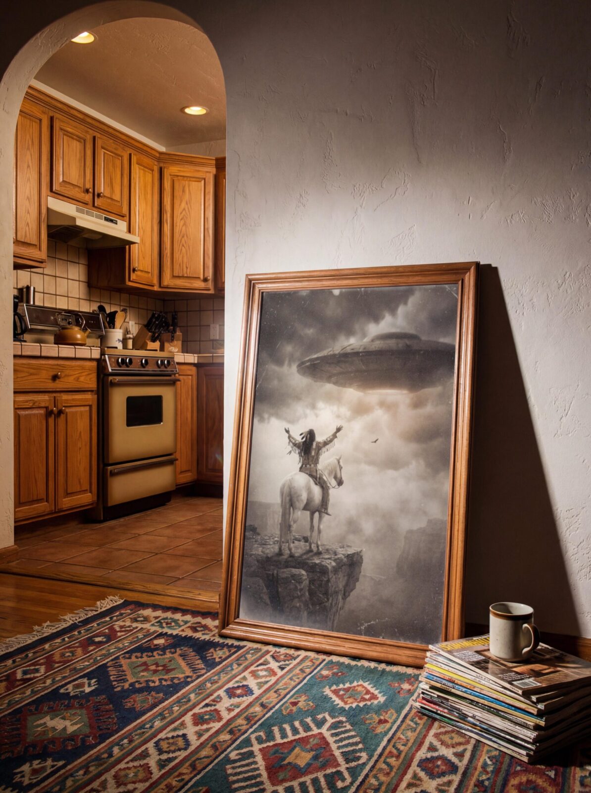 Sepia surreal art print — Native American warrior on cliff on horseback with giant flying saucer above