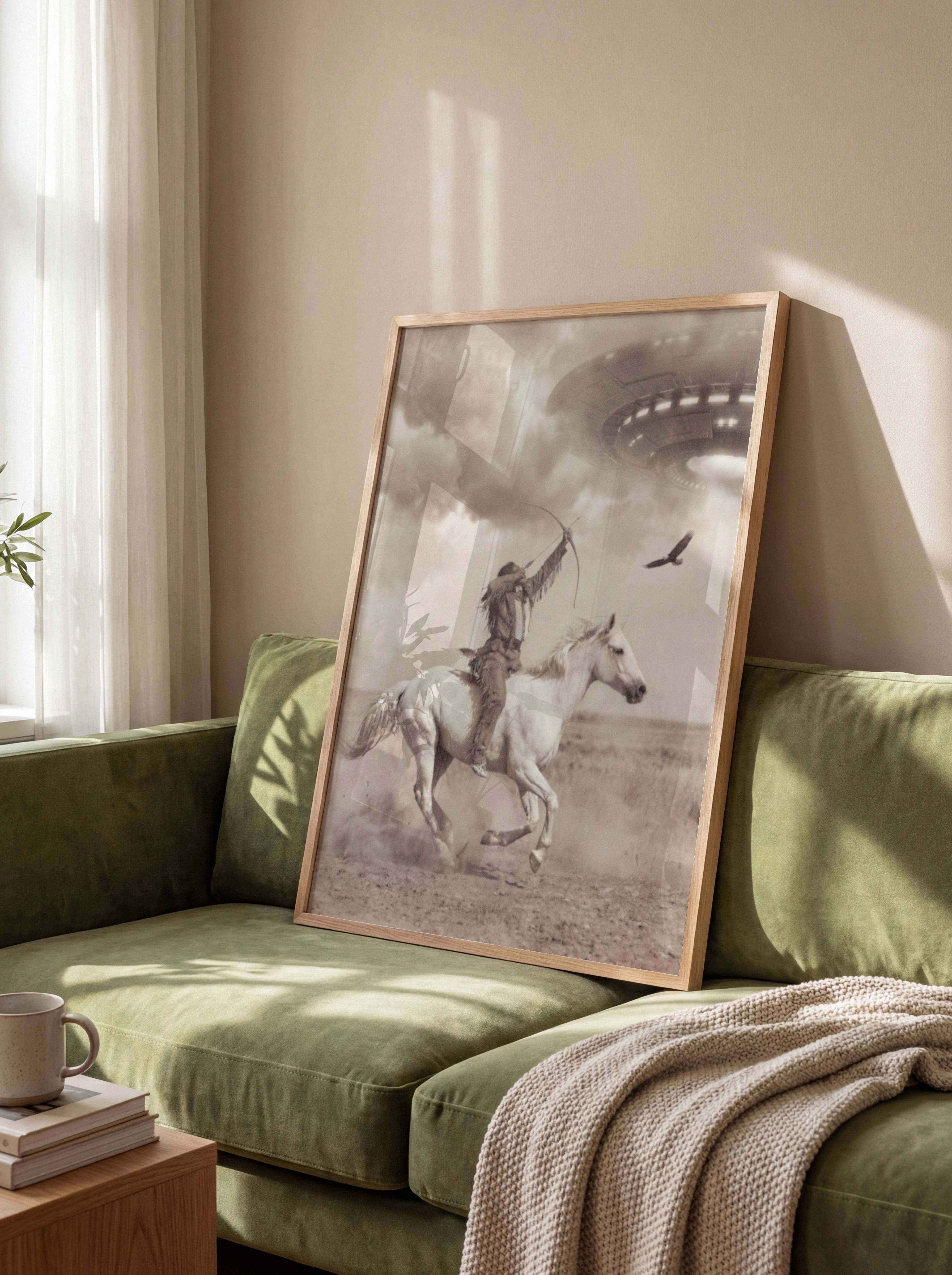 Vintage sepia-toned surreal art print of a Native American warrior on a galloping horse drawing a bow toward a massive glowing UFO in a dramatic stormy sky with an eagle soaring alongside, displayed in a Scandinavian-style interior, adding cinematic depth and powerful surreal storytelling to a minimal space.
