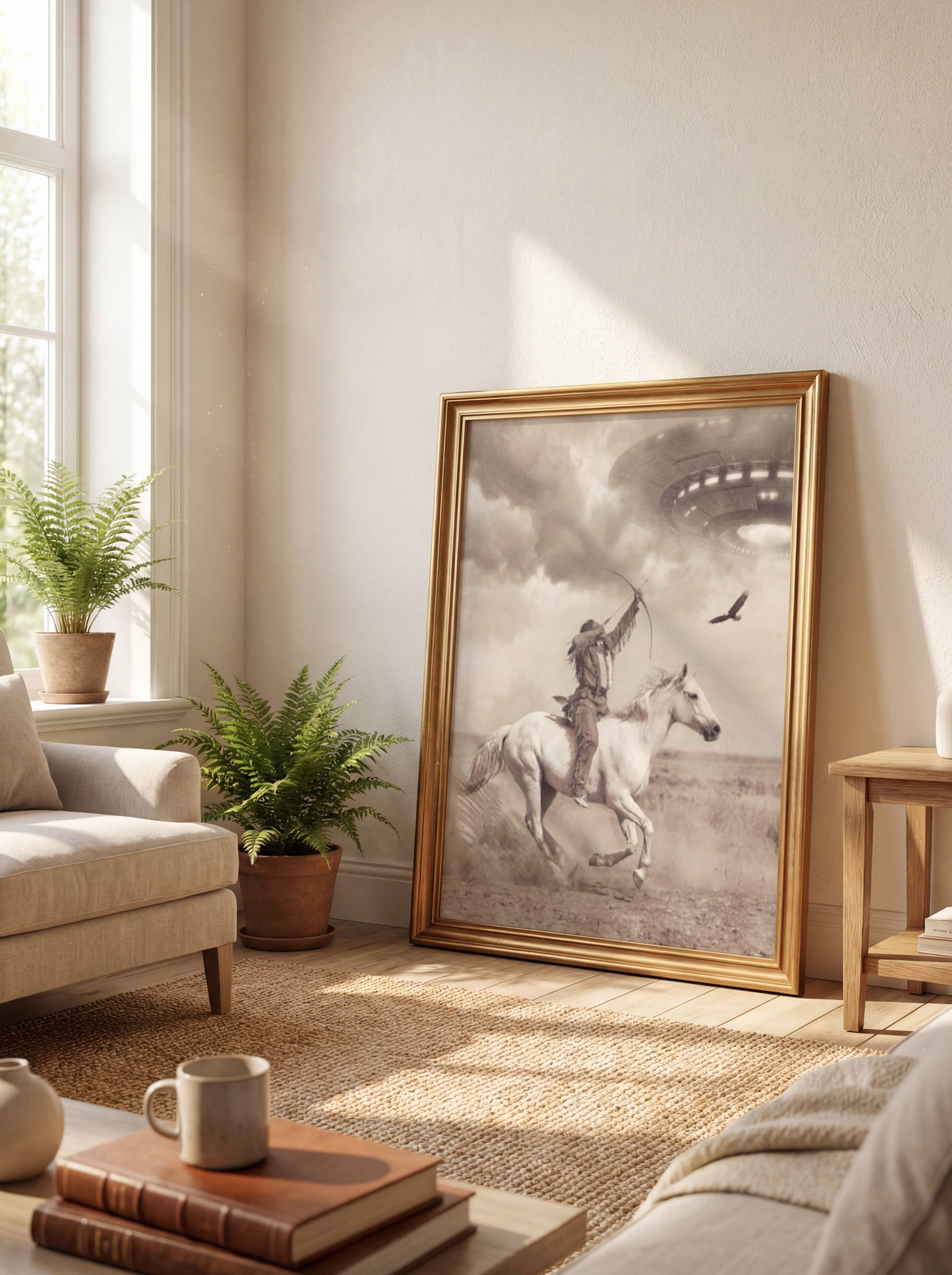 Sepia-toned vintage style fine art print of a Native American warrior on horseback drawing a bow toward a massive illuminated UFO in a stormy sky with an eagle in flight beside him, leaning against a wall in a lifestyle flat lay setting, shown unframed to highlight the premium matte paper quality, aged texture and warm cinematic tones of this surreal Western art poster.