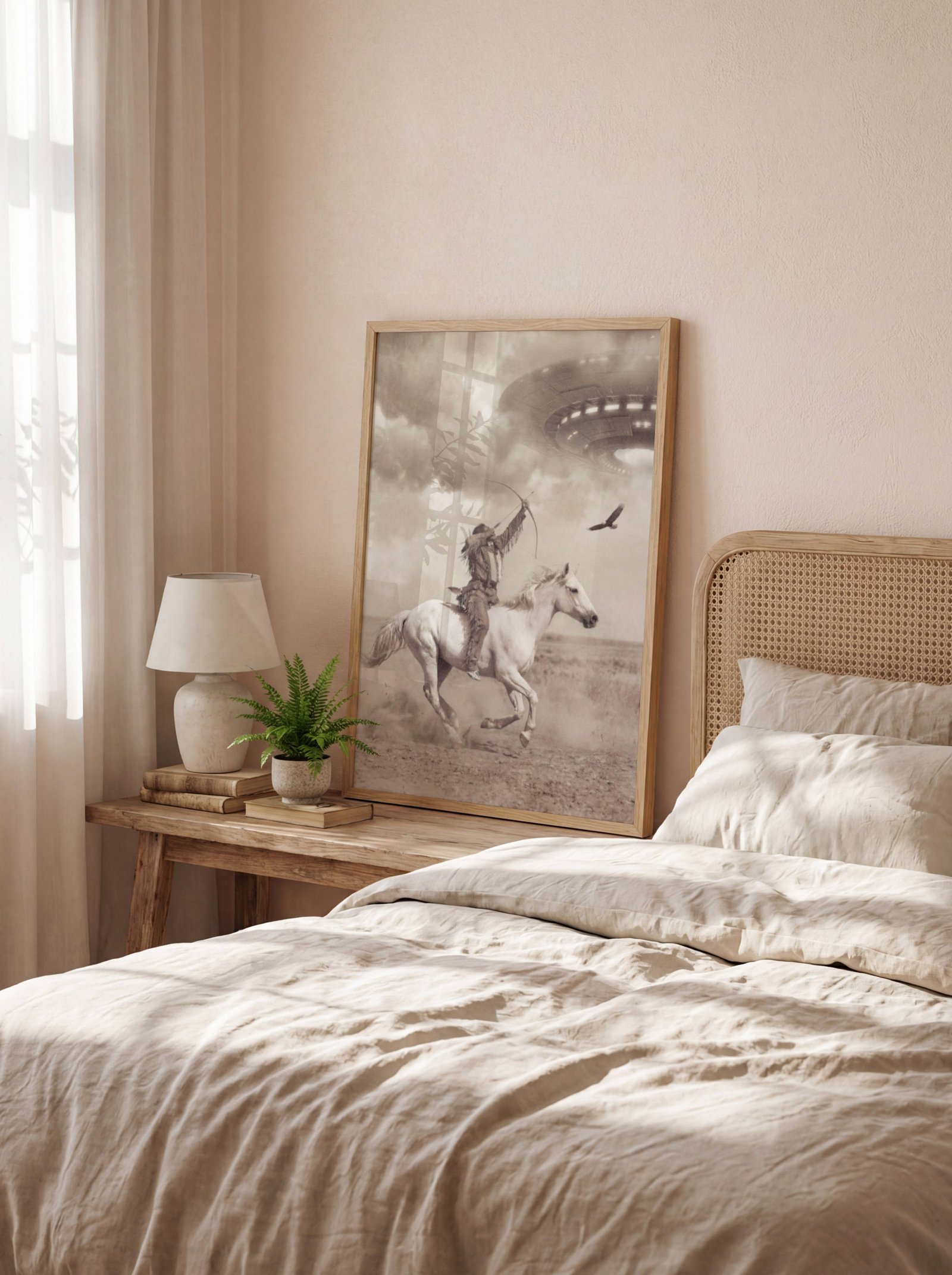 Two unframed sepia-toned fine art prints from the UFO vintage Western series displayed together in a bedroom setting, pairing the dramatic image of a Native American warrior on a galloping horse aiming at a glowing UFO with the powerful scene of a bison herd stampeding beneath a massive spacecraft. The aged archival aesthetic and warm tonal palette of both prints unite to bring surreal historical storytelling and cinematic fine art quality to the sleeping space.