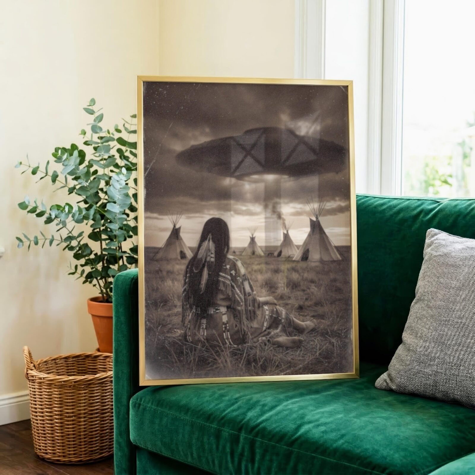Native American UFO art print — sepia woman sitting in grass watching tipi village with massive UFO above