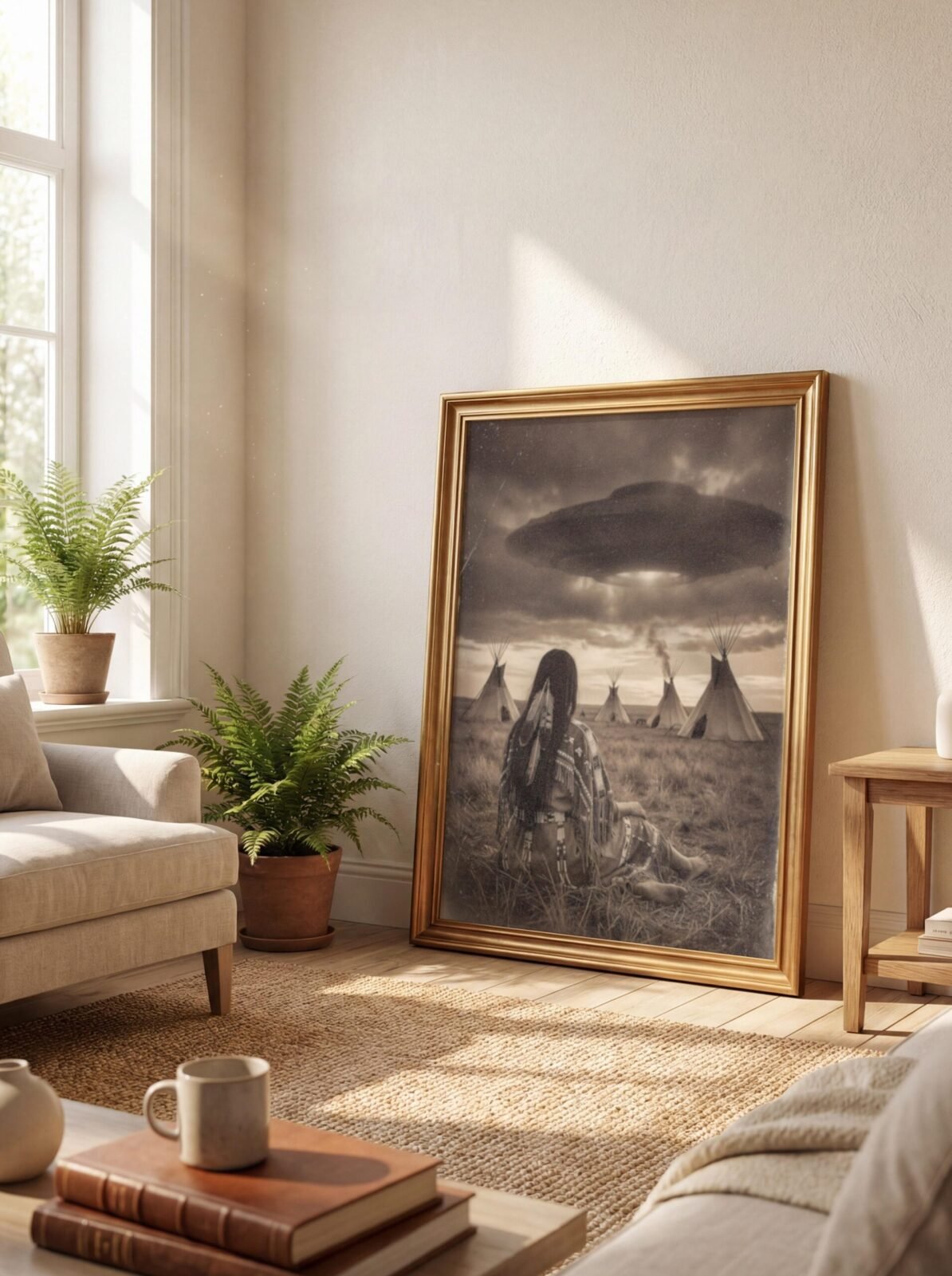 Sepia surreal art print — Native American woman from behind gazing at village of tipis under giant UFO
