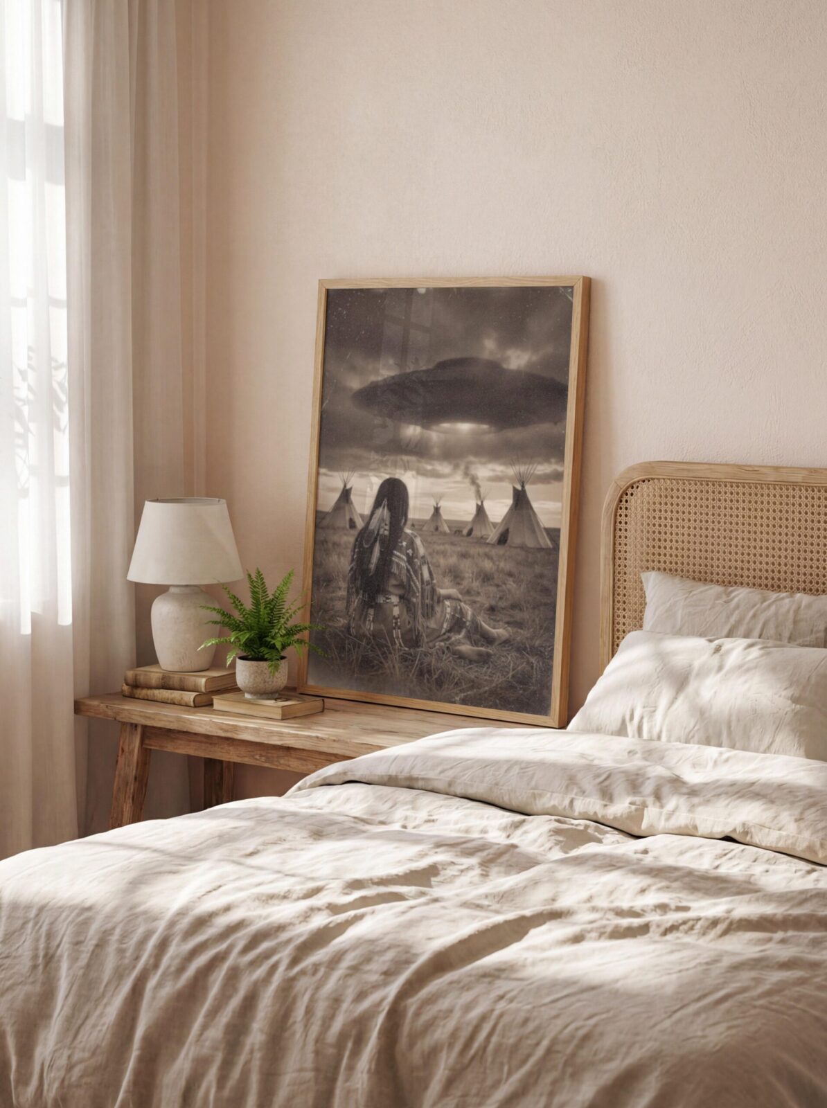 UFO wall art — vintage style lone woman in traditional dress watching tipi camp with flying saucer above