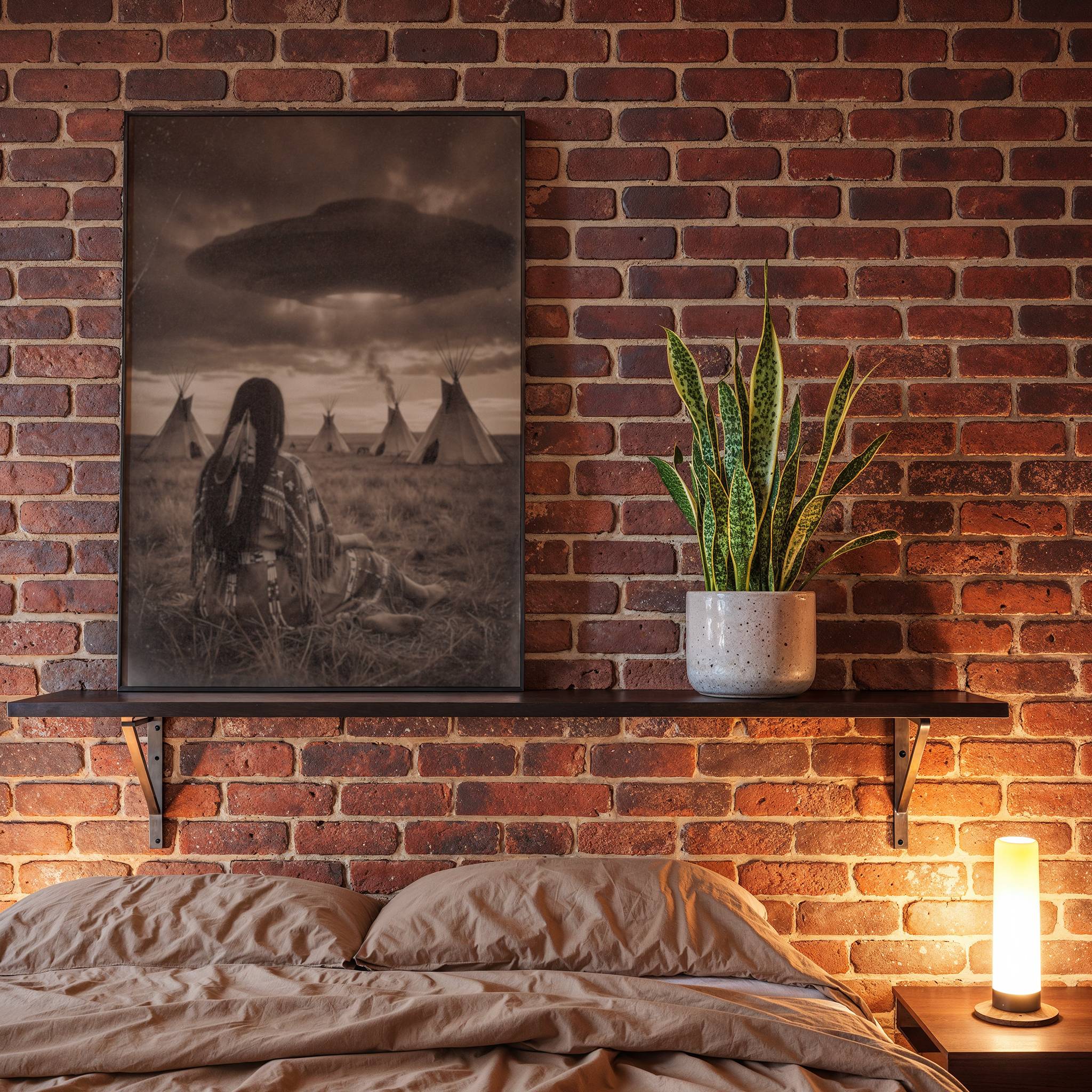 Sepia-toned fine art poster styled as an aged archival photograph, showing a Native American woman in traditional dress seated on open prairie grass, her back to the viewer as she watches a tepee village beneath a massive dark UFO glowing through storm clouds above, displayed in a bedroom as a contemplative and atmospheric piece of wall decoration.