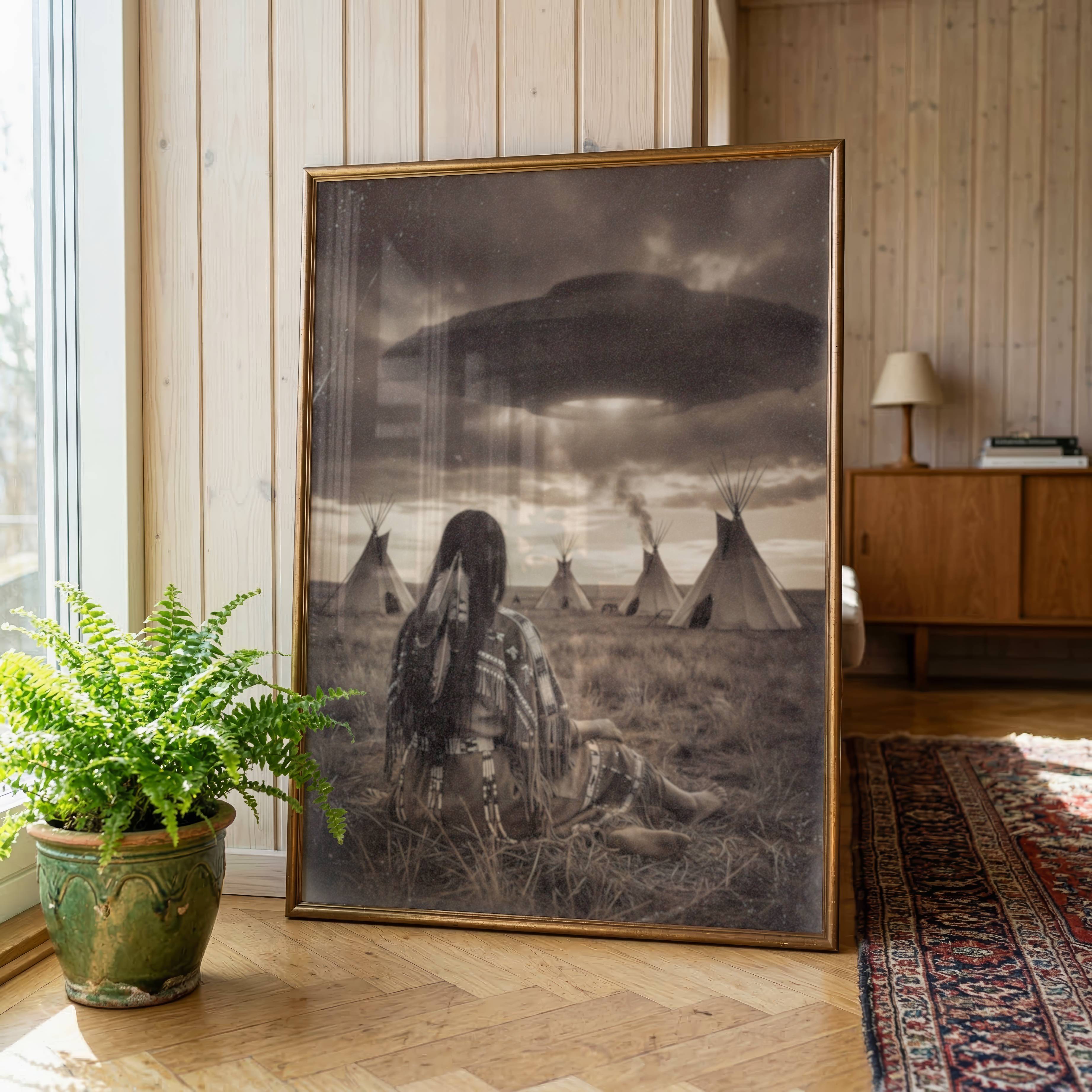 Sepia-toned vintage style fine art print of a Native American woman in traditional dress seated on open prairie grass gazing toward a tepee village beneath a massive dark UFO in a stormy sky, leaning against a wall in a lifestyle flat lay setting, shown unframed to highlight the premium matte paper quality, aged texture and warm cinematic tones of this surreal Western art poster.