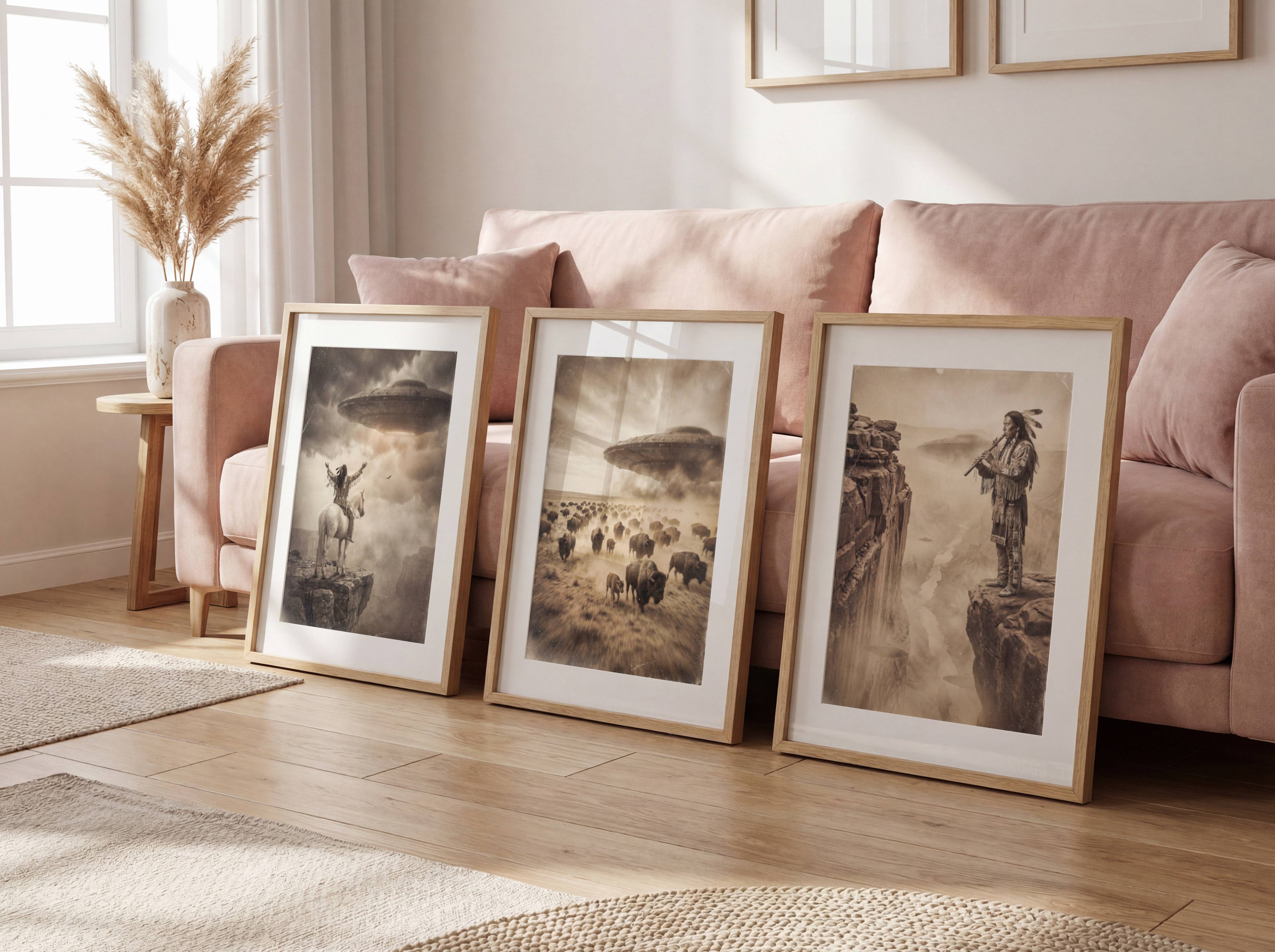 Three unframed fine art prints from the UFO cinematic art series propped against the base of a sofa, presented as a matching collection. The grouping highlights how the sepia-toned and monochrome posters complement each other as a series, bringing surreal storytelling, atmospheric tension and fine art quality to a living room space.