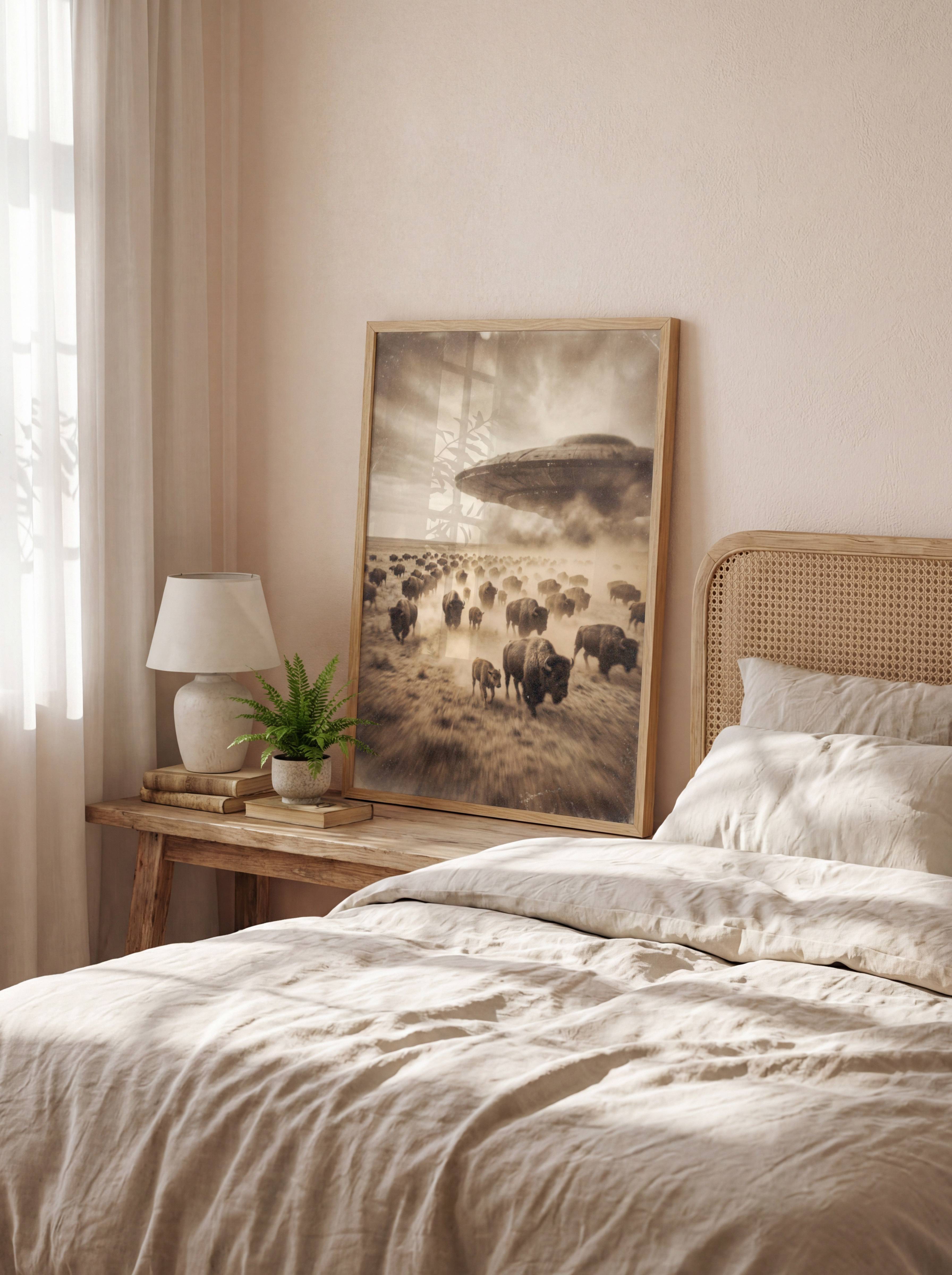Two sepia-toned fine art prints from the UFO Western art series displayed side by side on a bedroom wall, featuring a Native American warrior on horseback drawing a bow toward a glowing UFO alongside a vast bison stampede beneath a massive low-flying spacecraft. The warm vintage tones and dramatic cinematic storytelling of both prints complement each other perfectly, creating a cohesive and atmospheric gallery pairing for the bedroom wall.