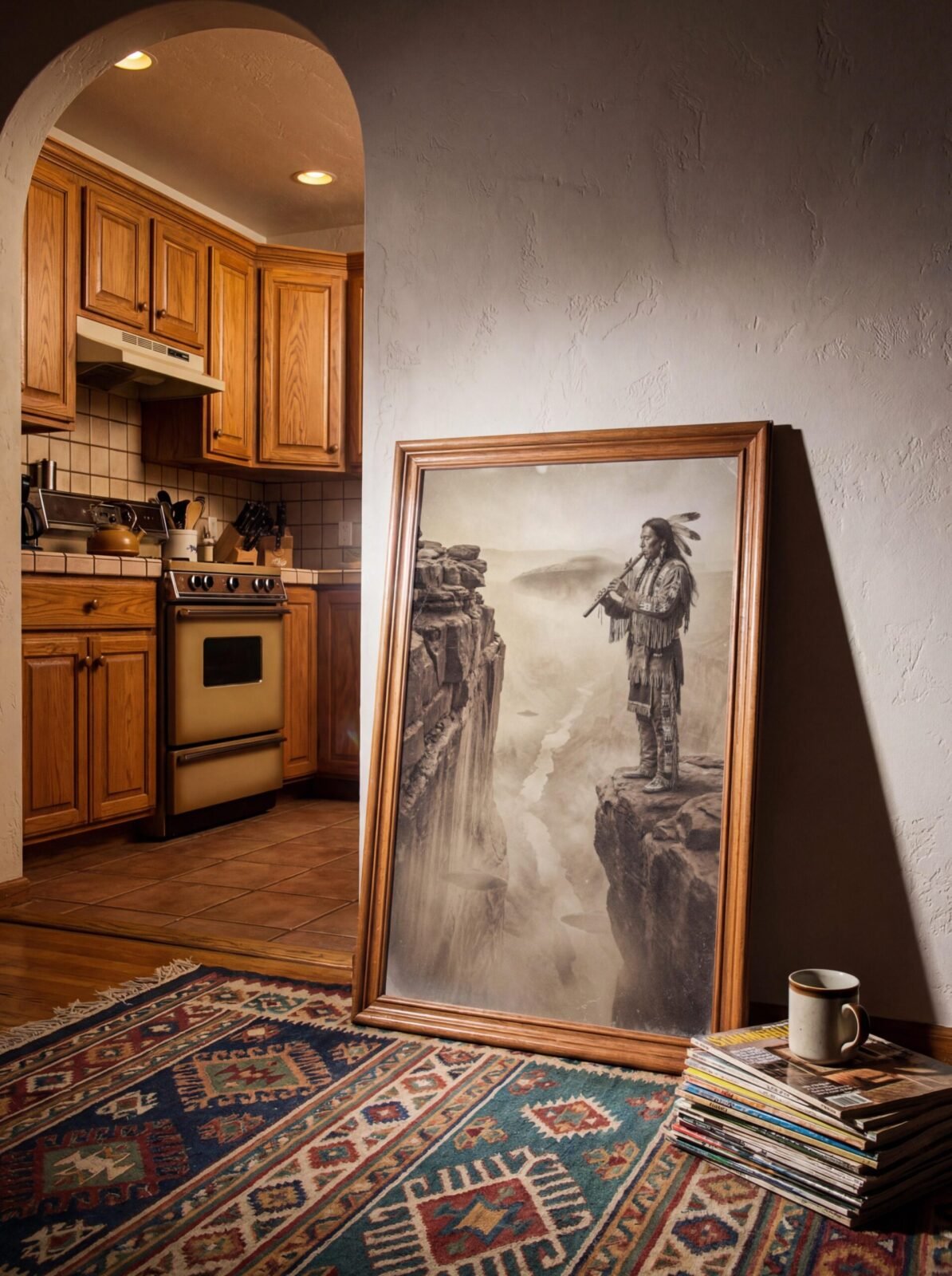 warrior in traditional regalia on cliff, premium matte print