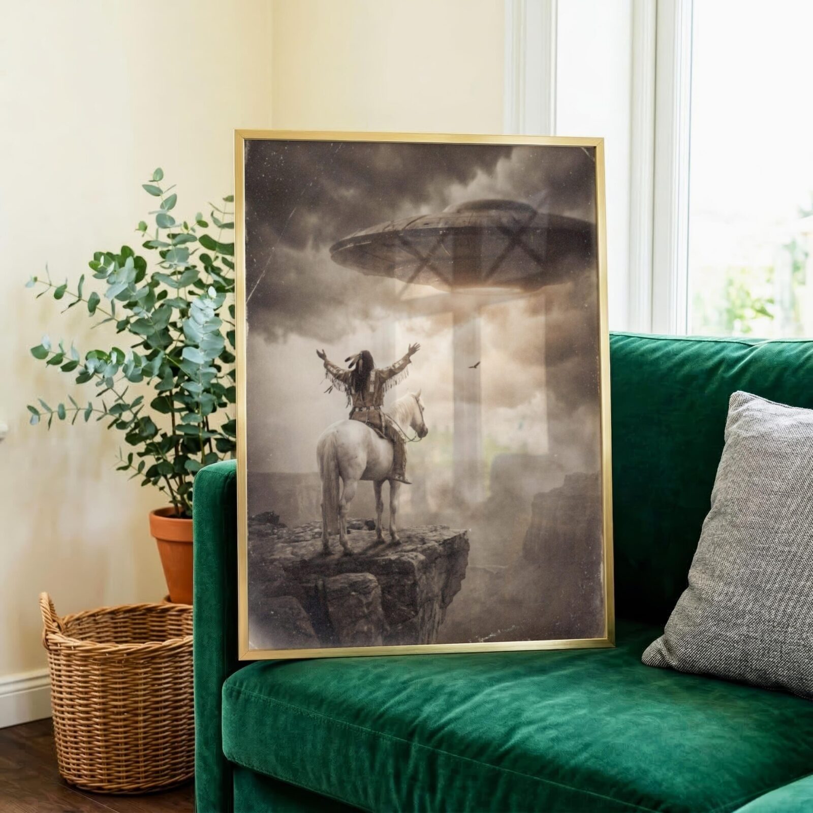 white horse steady on rocky cliff edge with warrior reaching toward UFO