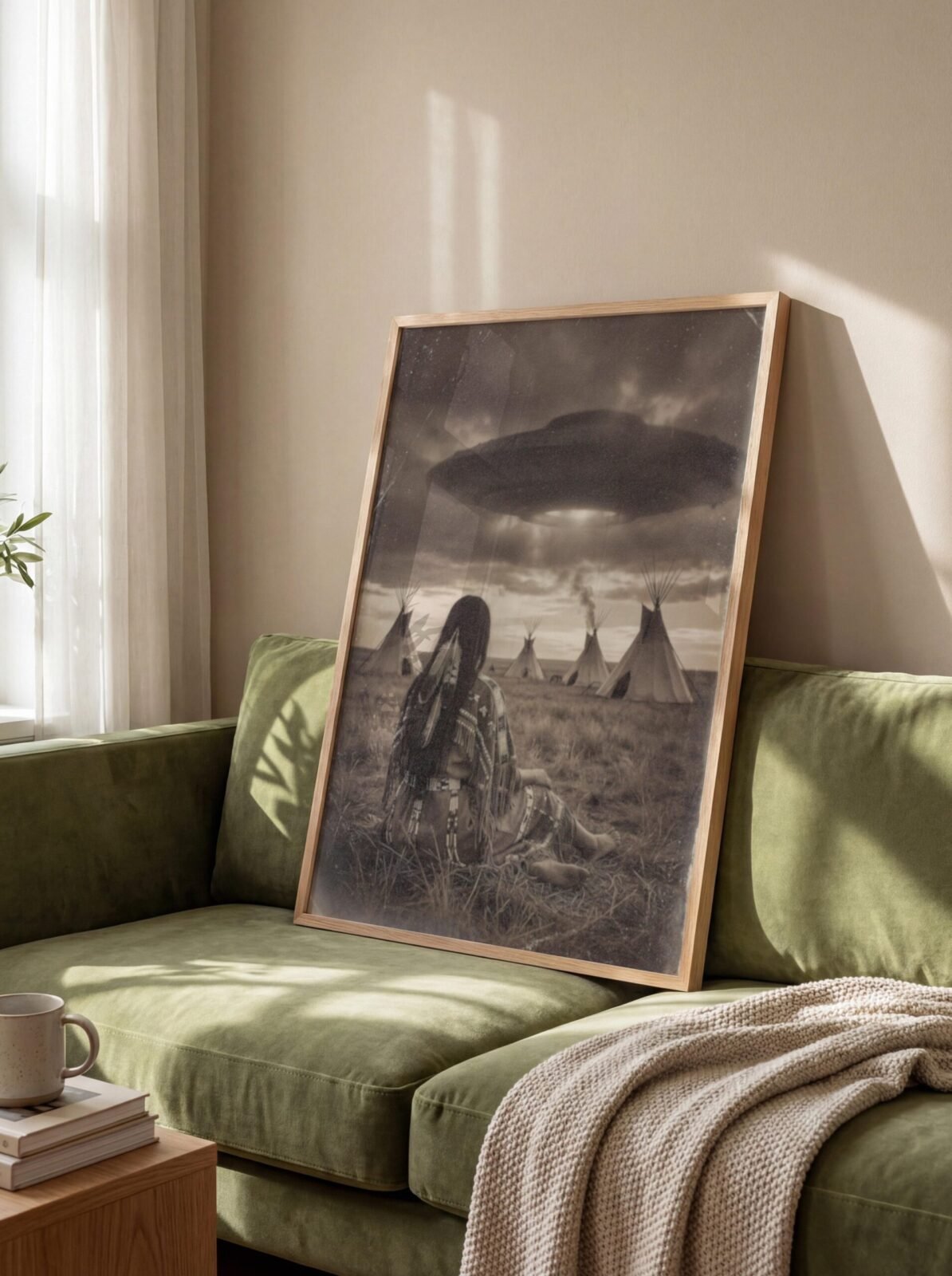 Surreal western art print — Native American woman in grass facing tipi village beneath enormous UFO