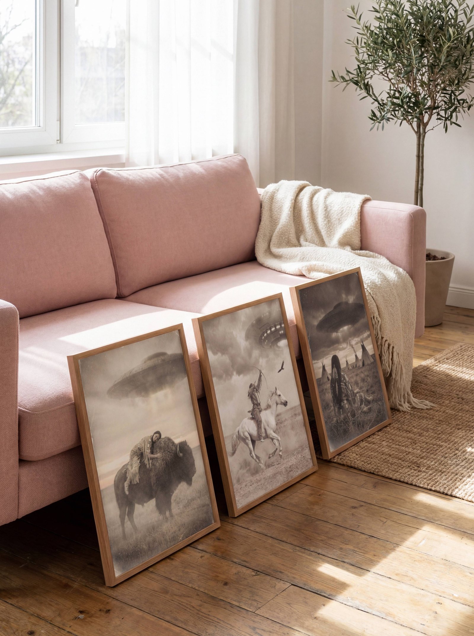 Three sepia and black and white fine art prints from the UFO surreal art series standing on the floor in front of a sofa, displayed together as a curated collection. The prints showcase the distinctive cinematic style of the series, combining dramatic UFO spacecraft with compelling human and animal scenes, demonstrating how the posters work together as a cohesive fine art collection for modern home decor.