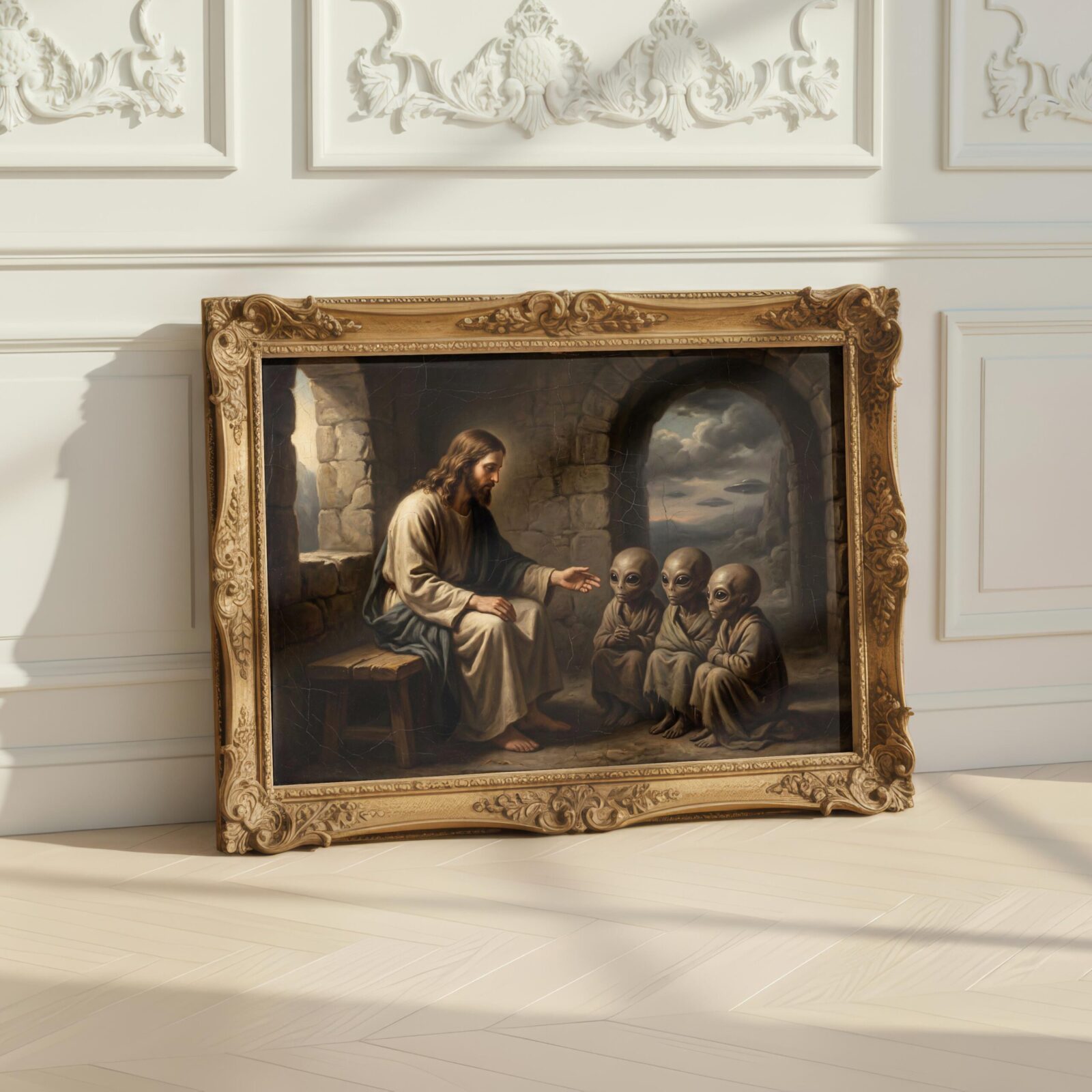 Ancient alien art print — renaissance Christ with three small grey aliens and flying saucer in background